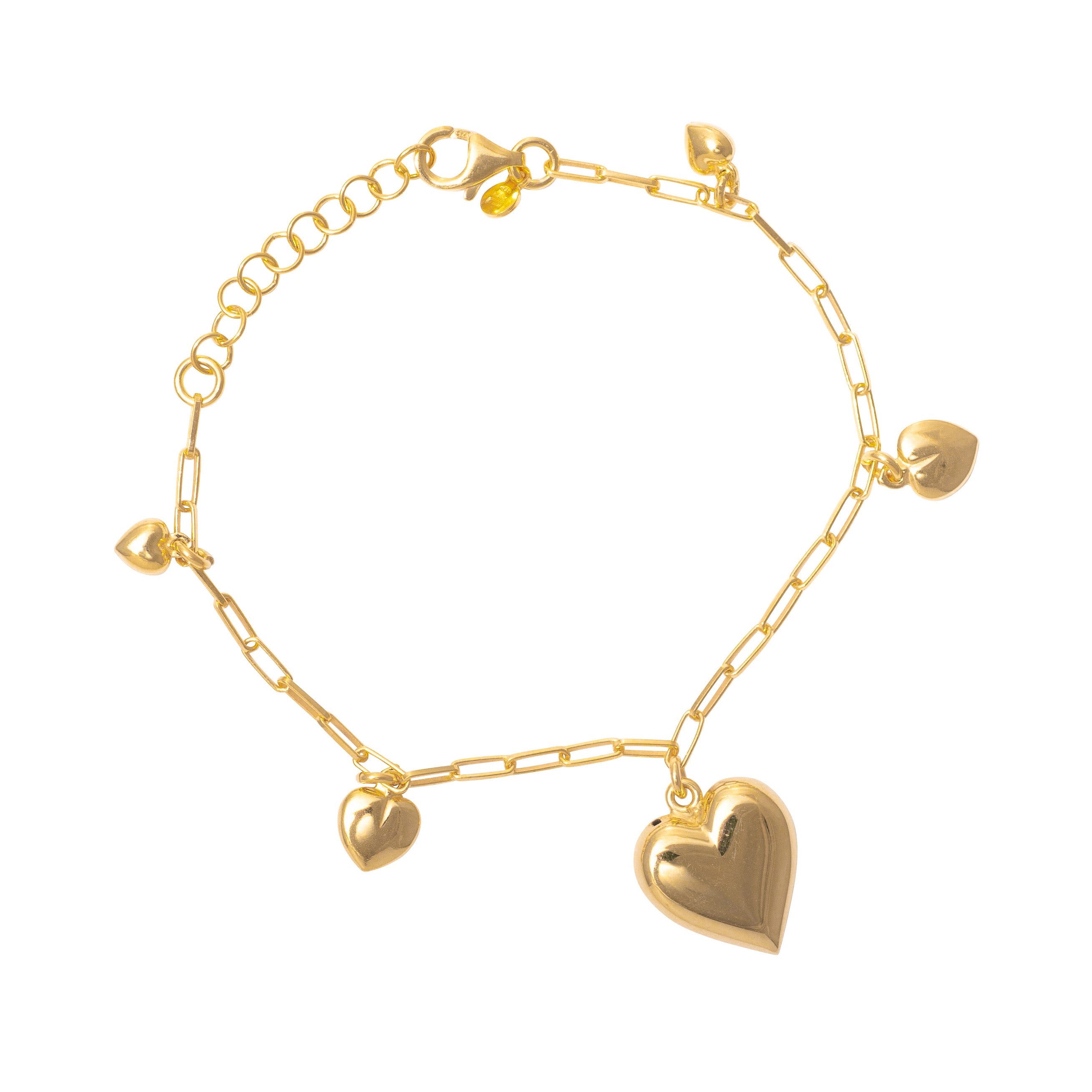 Gold Puff Heart Charm Bracelet on Paperclip Chain