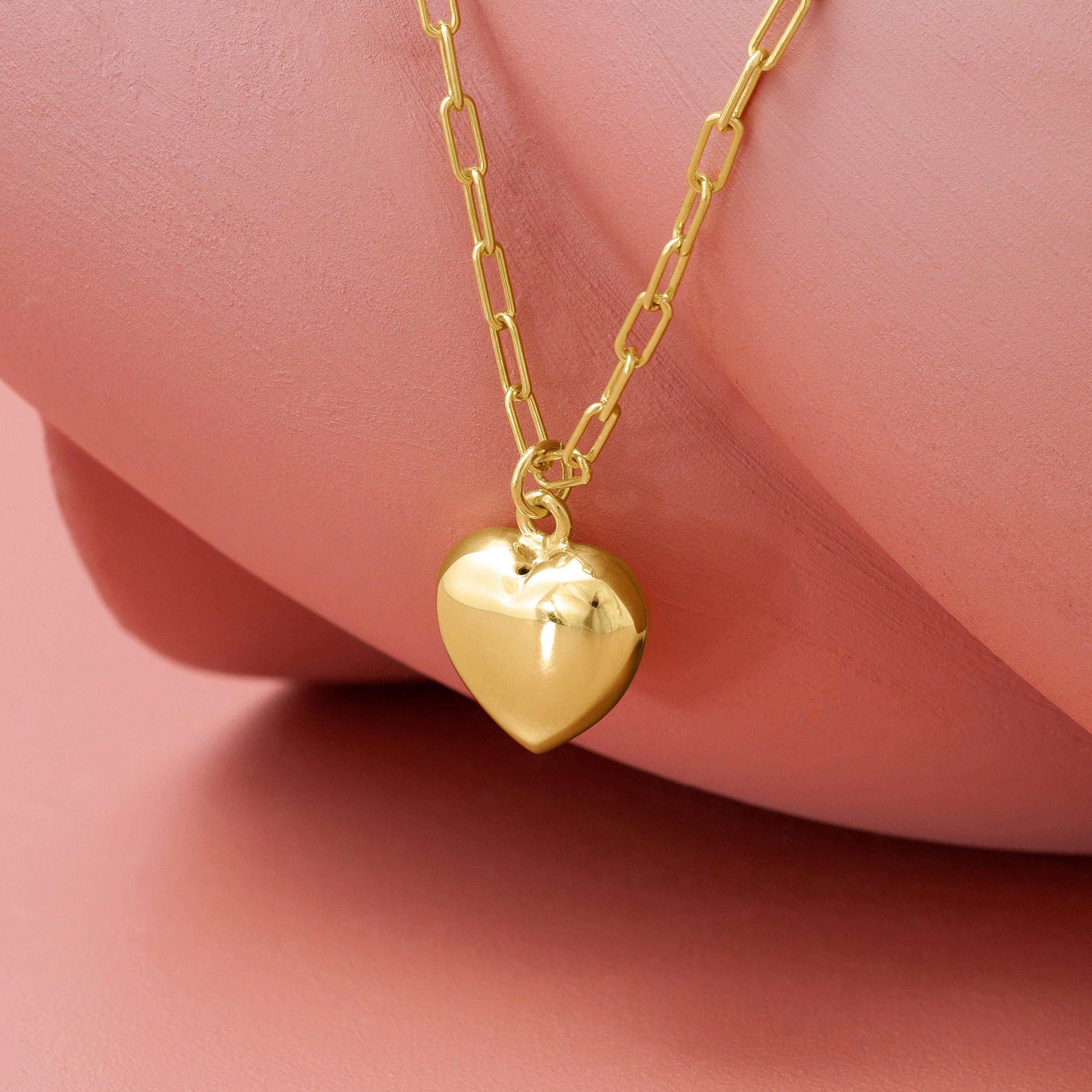 Gold Puff Heart Charm Pendant Necklace