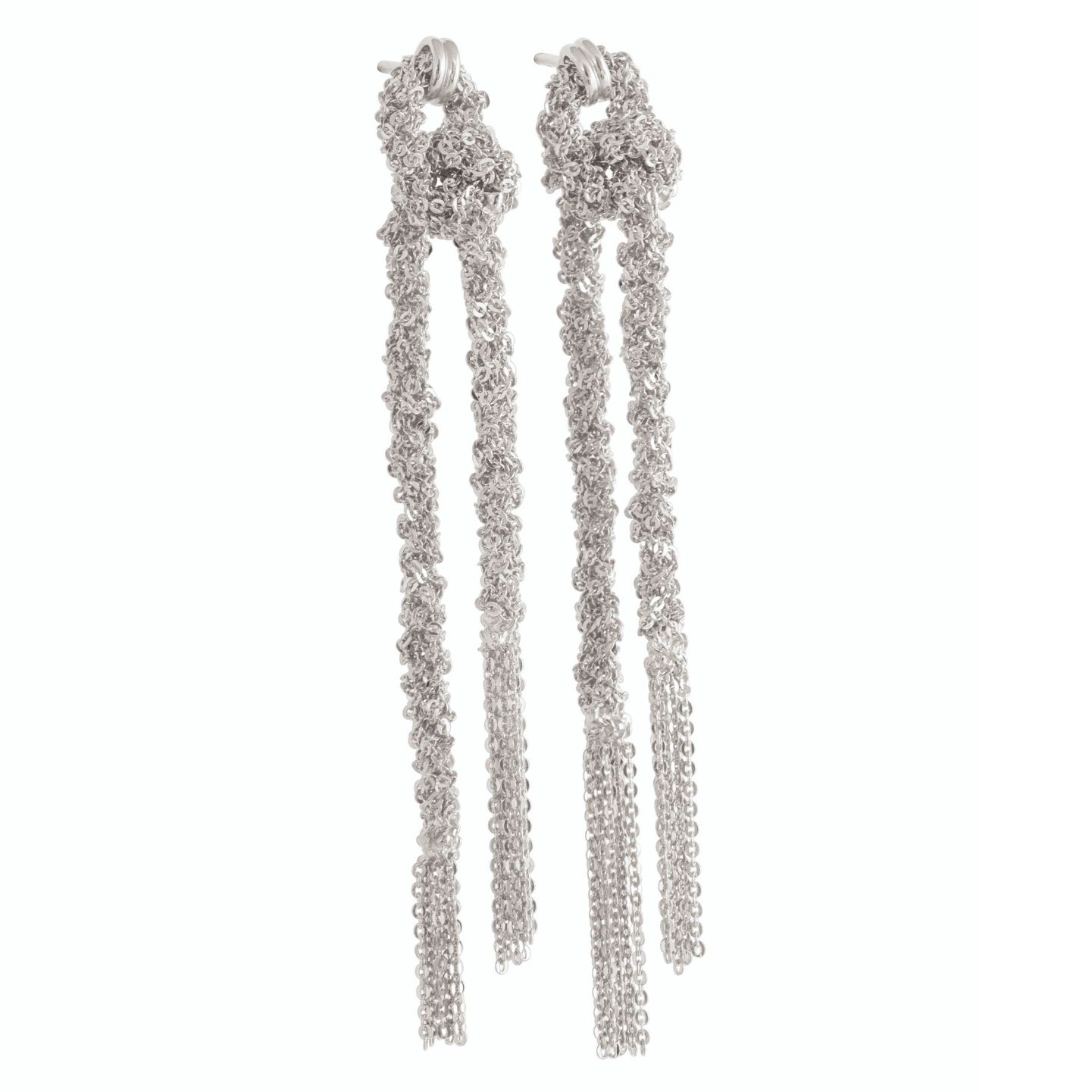 Long silver thread tassel earrings with knot on white