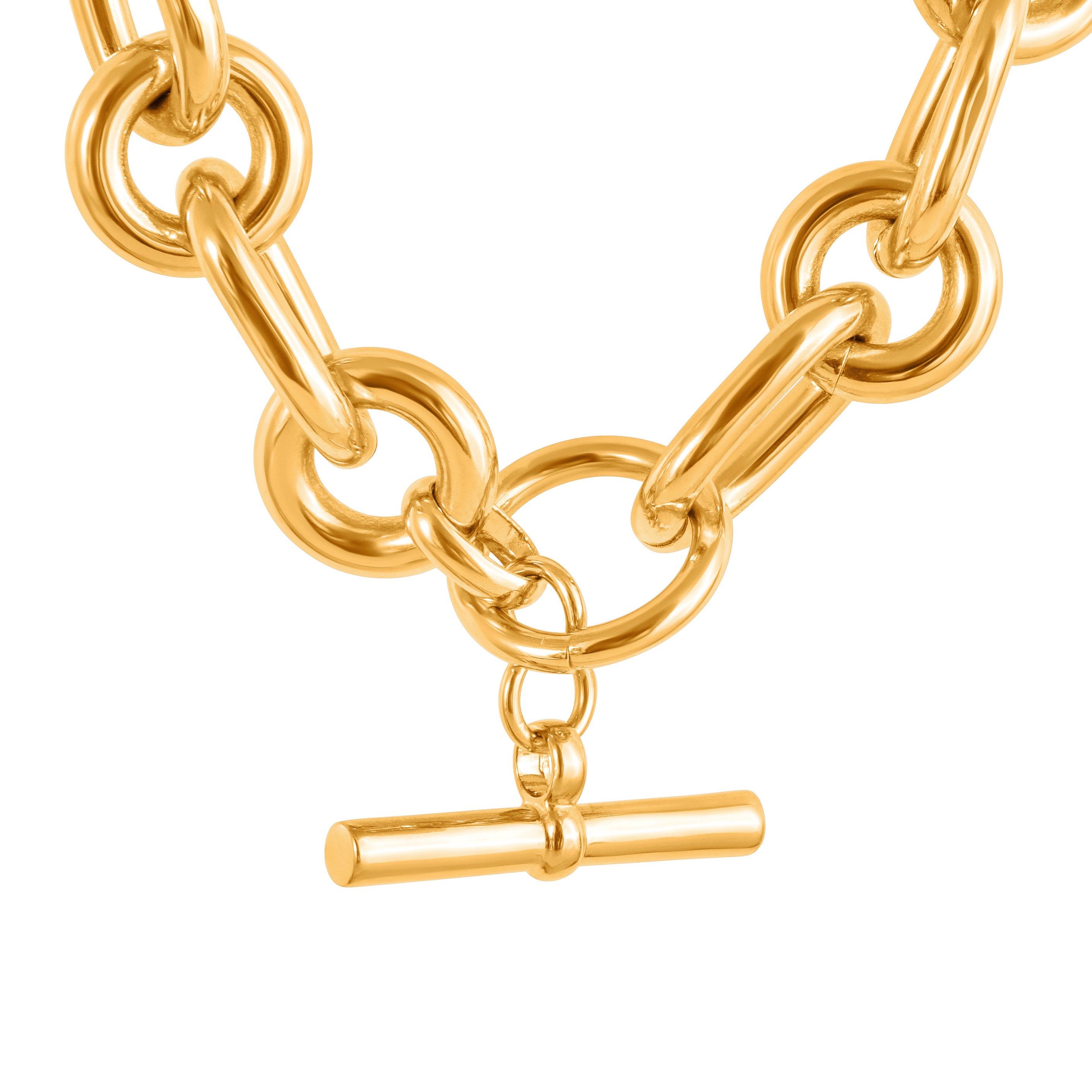 GOLD CHUNKY MIXED CHAIN T-BAR NECKLACE CLOSE UP ON WHITE