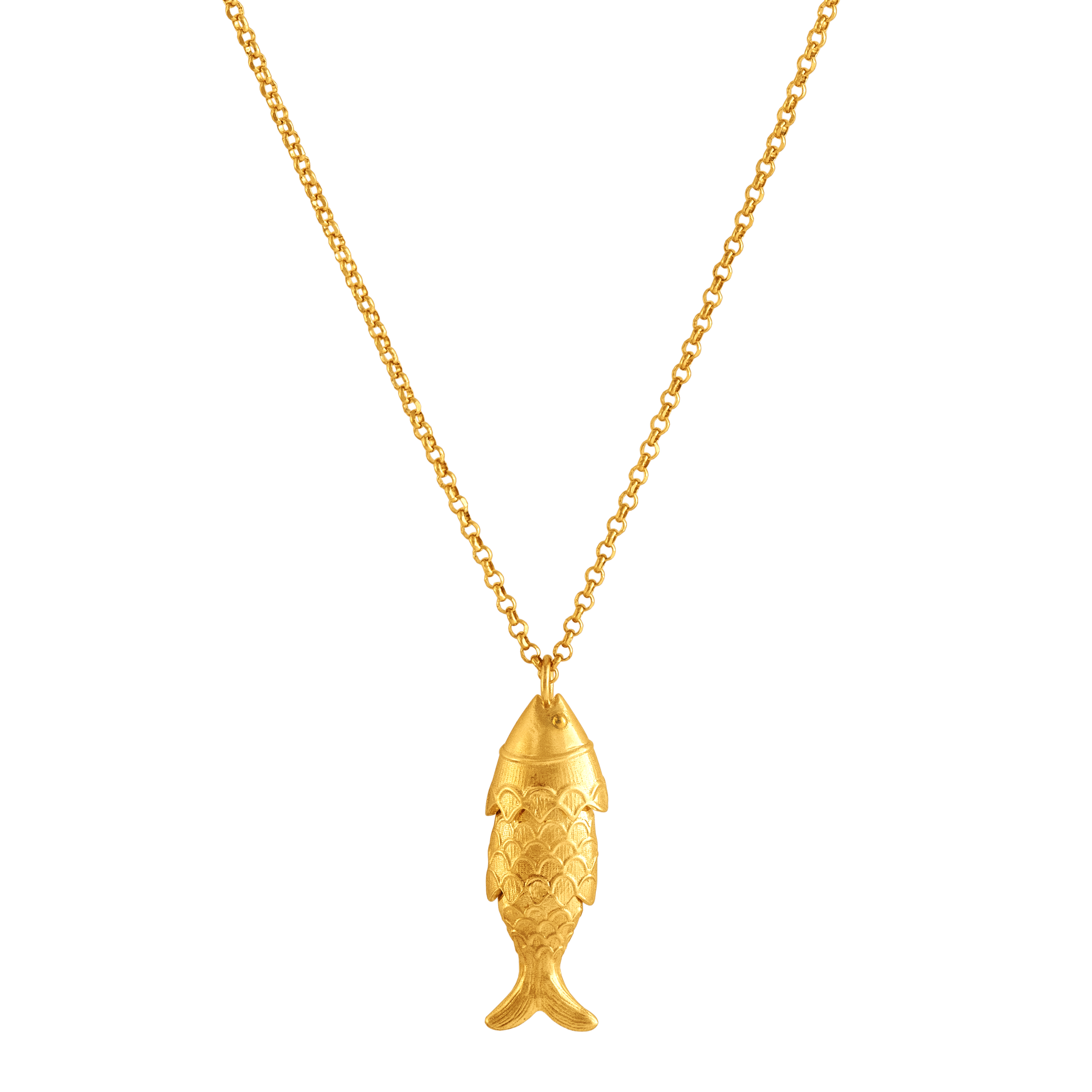 Loel | Crop of Gold articulated fish pendant on white