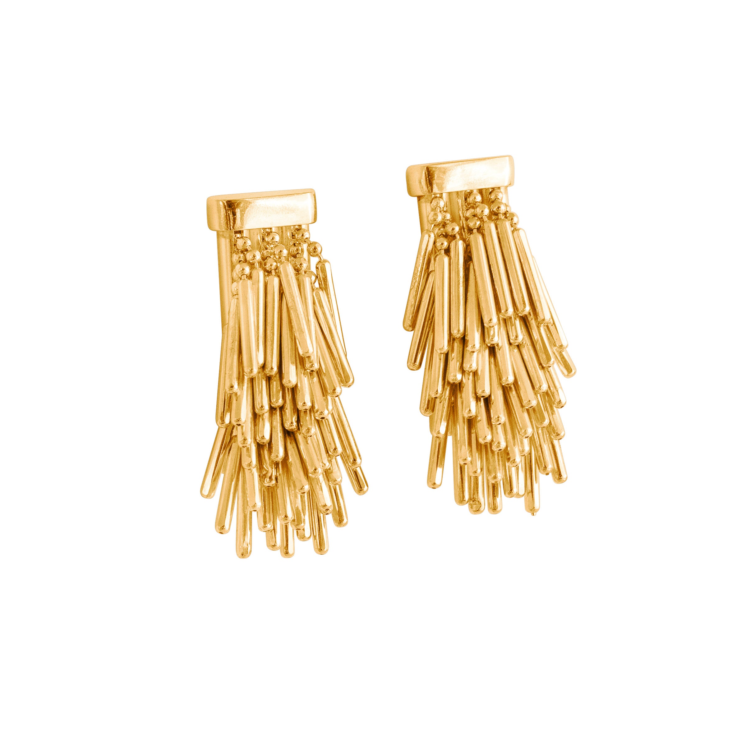 Gold Tassel Drop Earrings on White