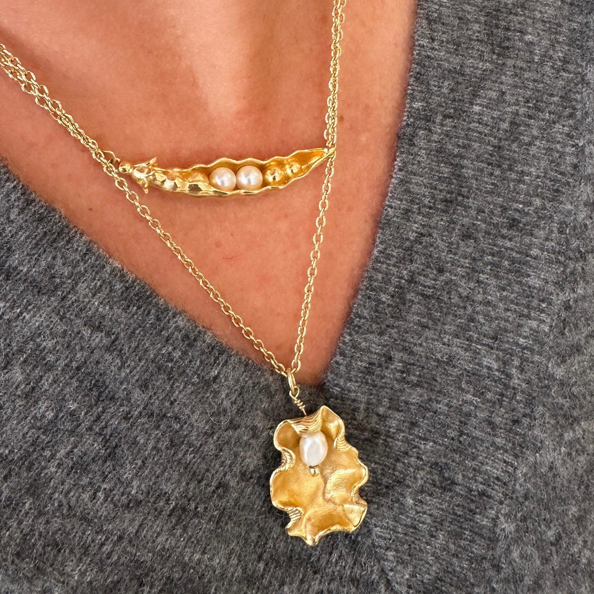 LOEL x Minnie Mae Oyster Shell and Peas in a Pod Pendants worn