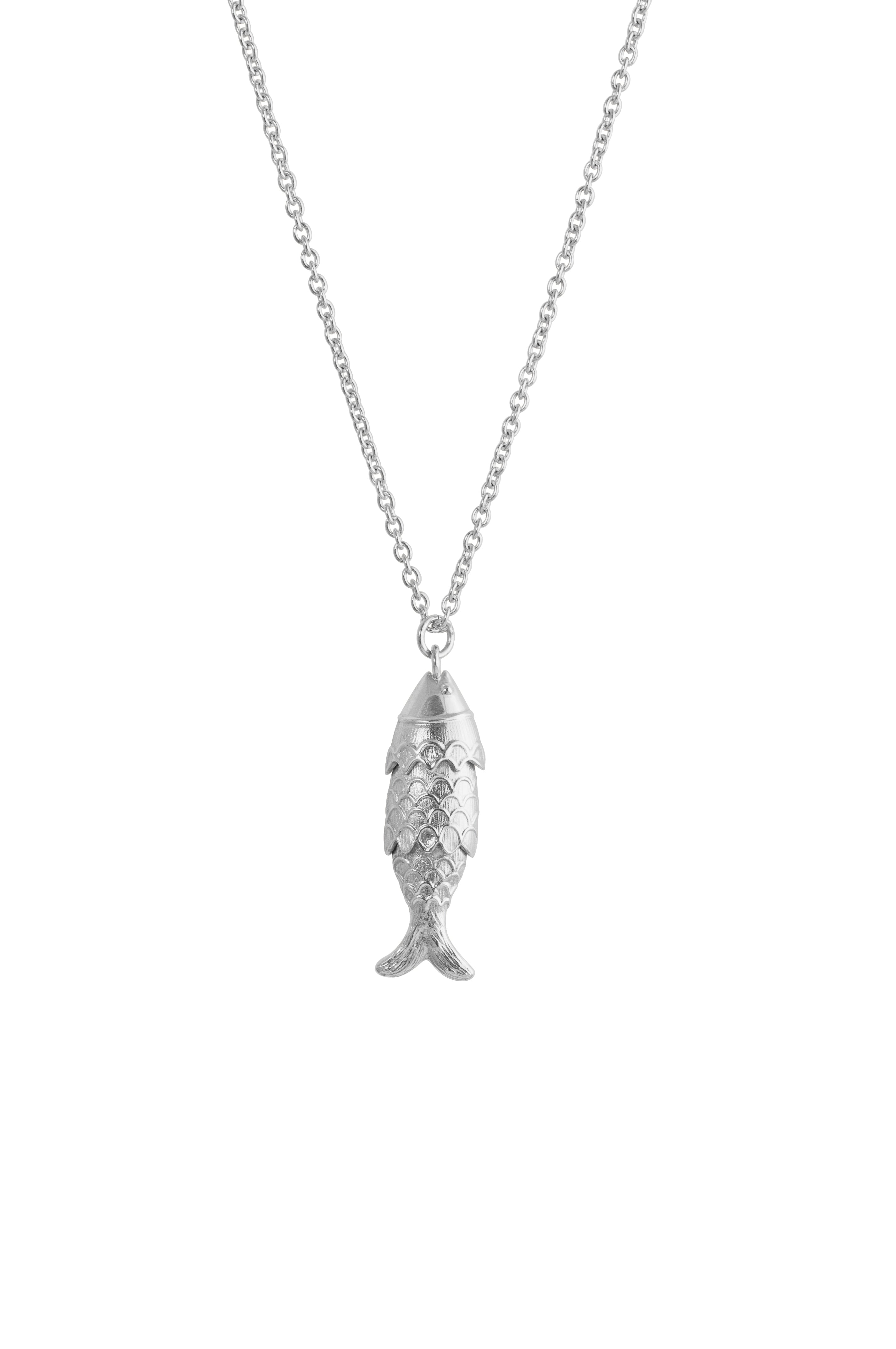 Loel large articulated silver fish pendant on white
