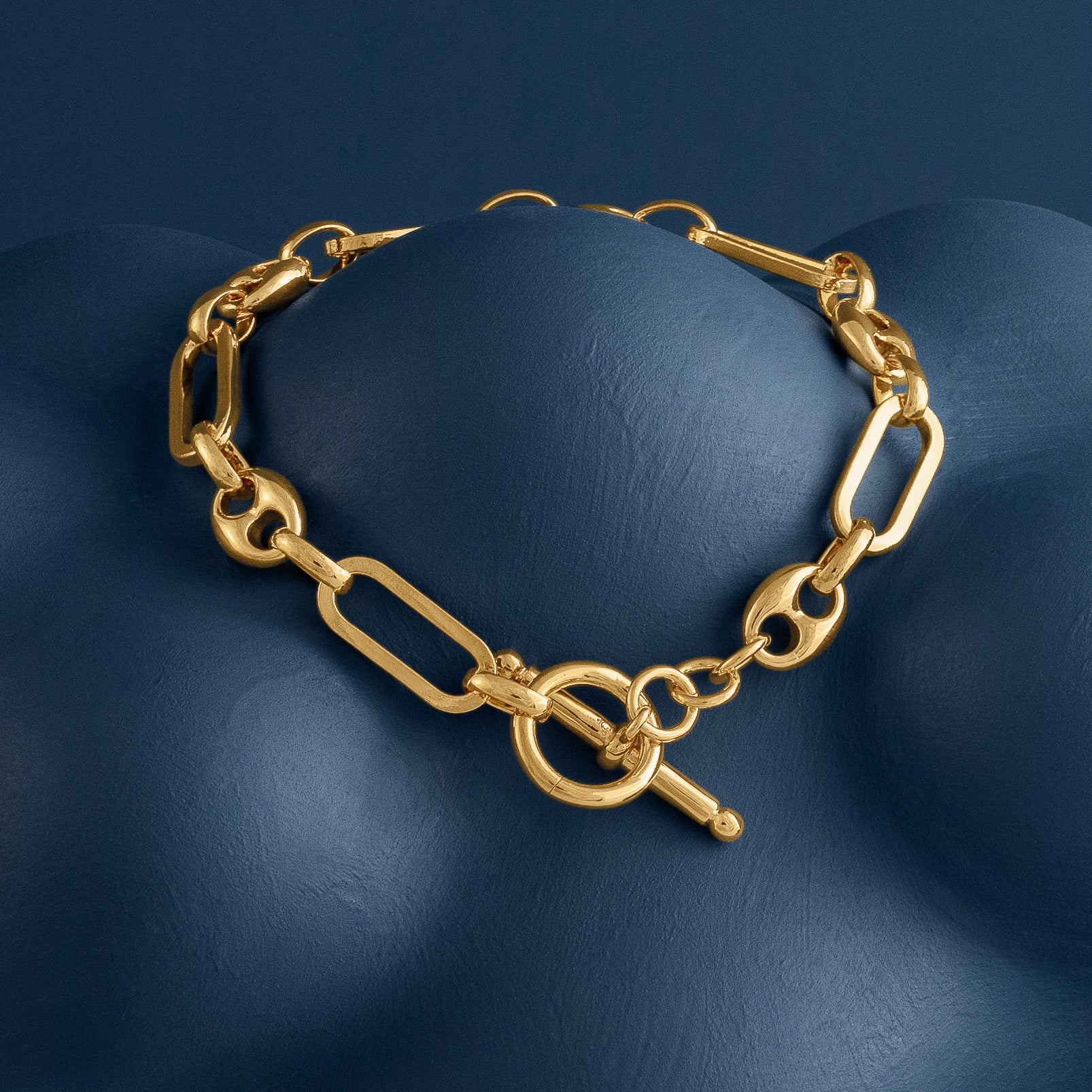 GOLD MIXED LINK T-BAR CHAIN BRACELET