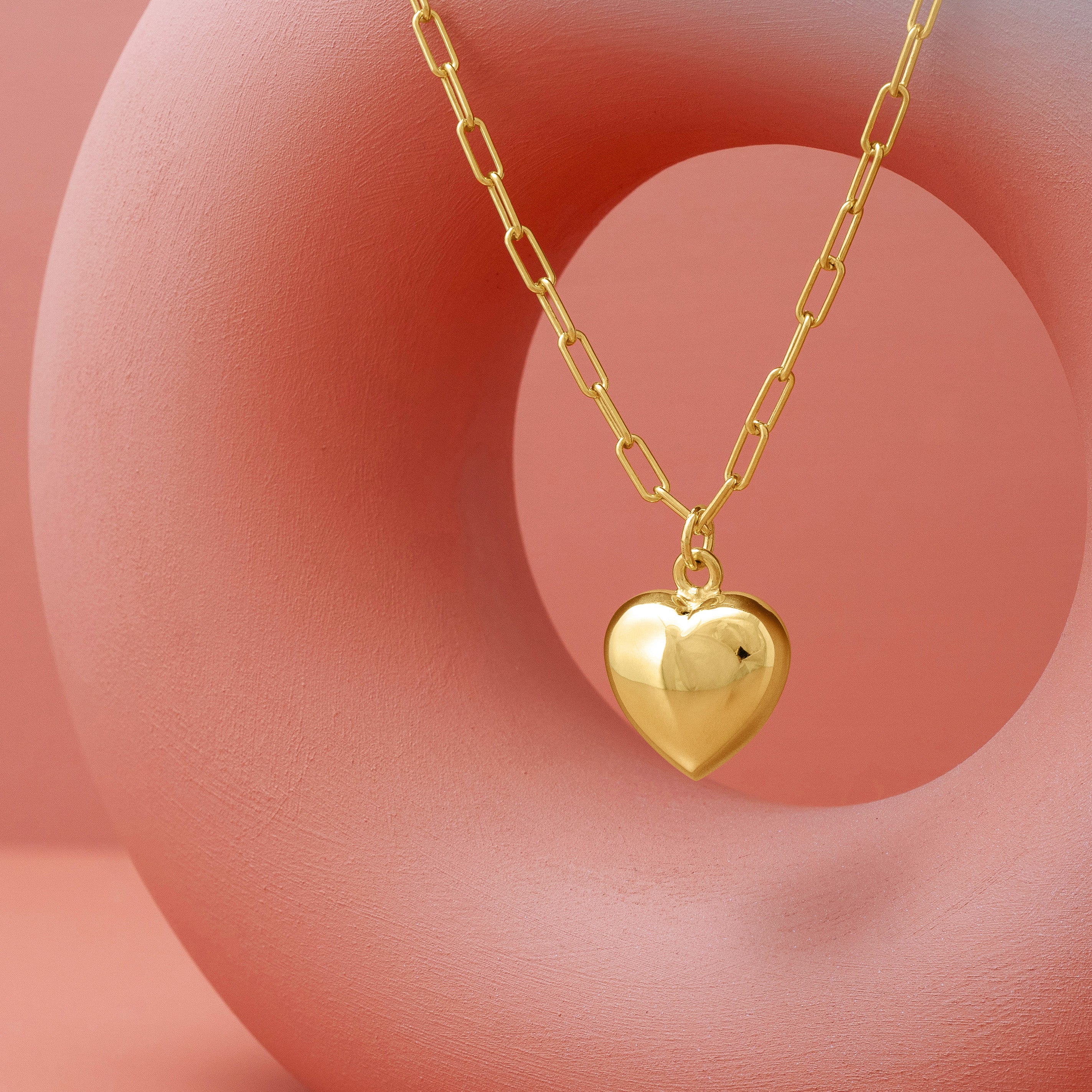 Gold Puff Heart Charm Pendant Necklace