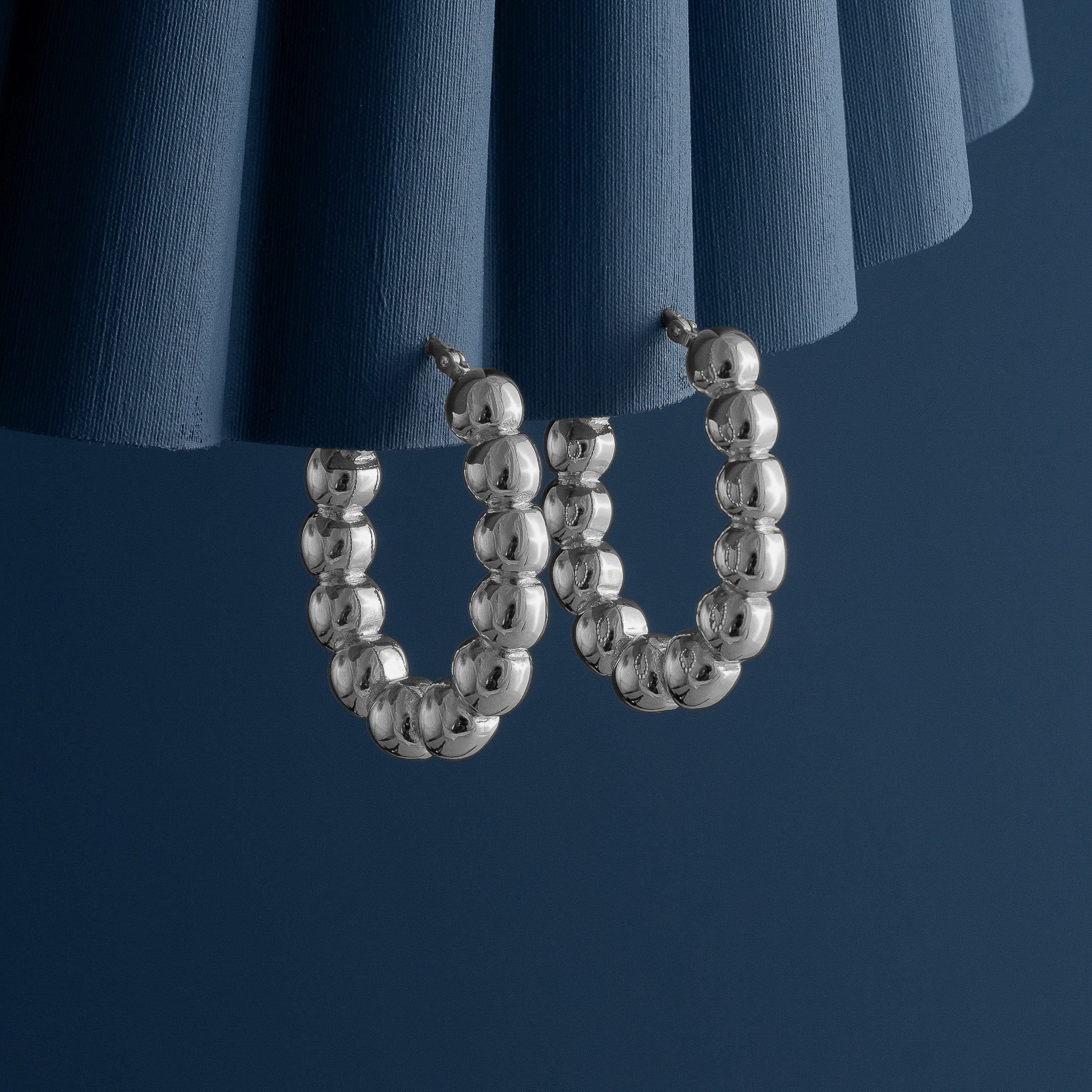 LARGE SILVER BALL OVAL HOOP EARRINGS