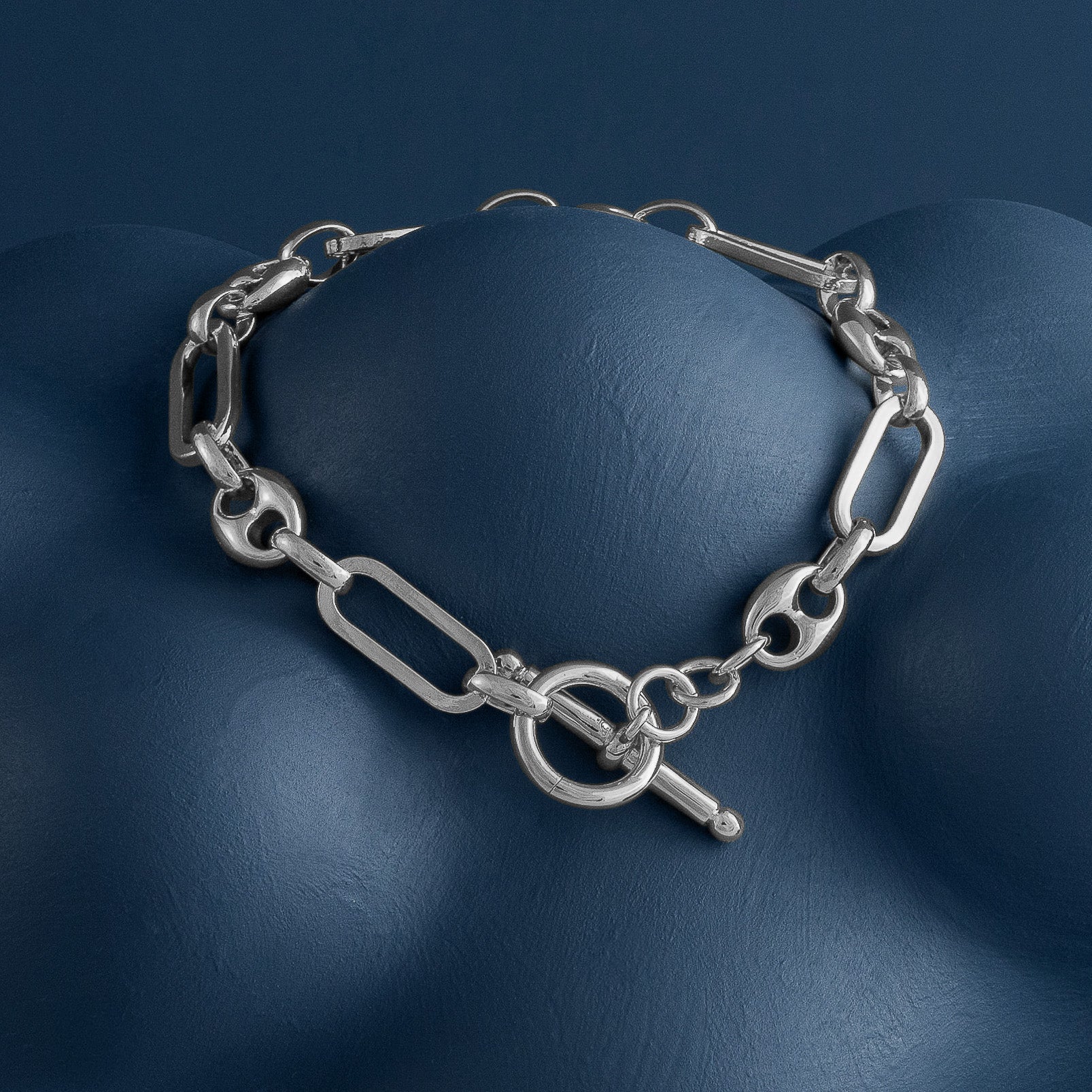 SILVER MIXED LINK T-BAR CHAIN BRACELET