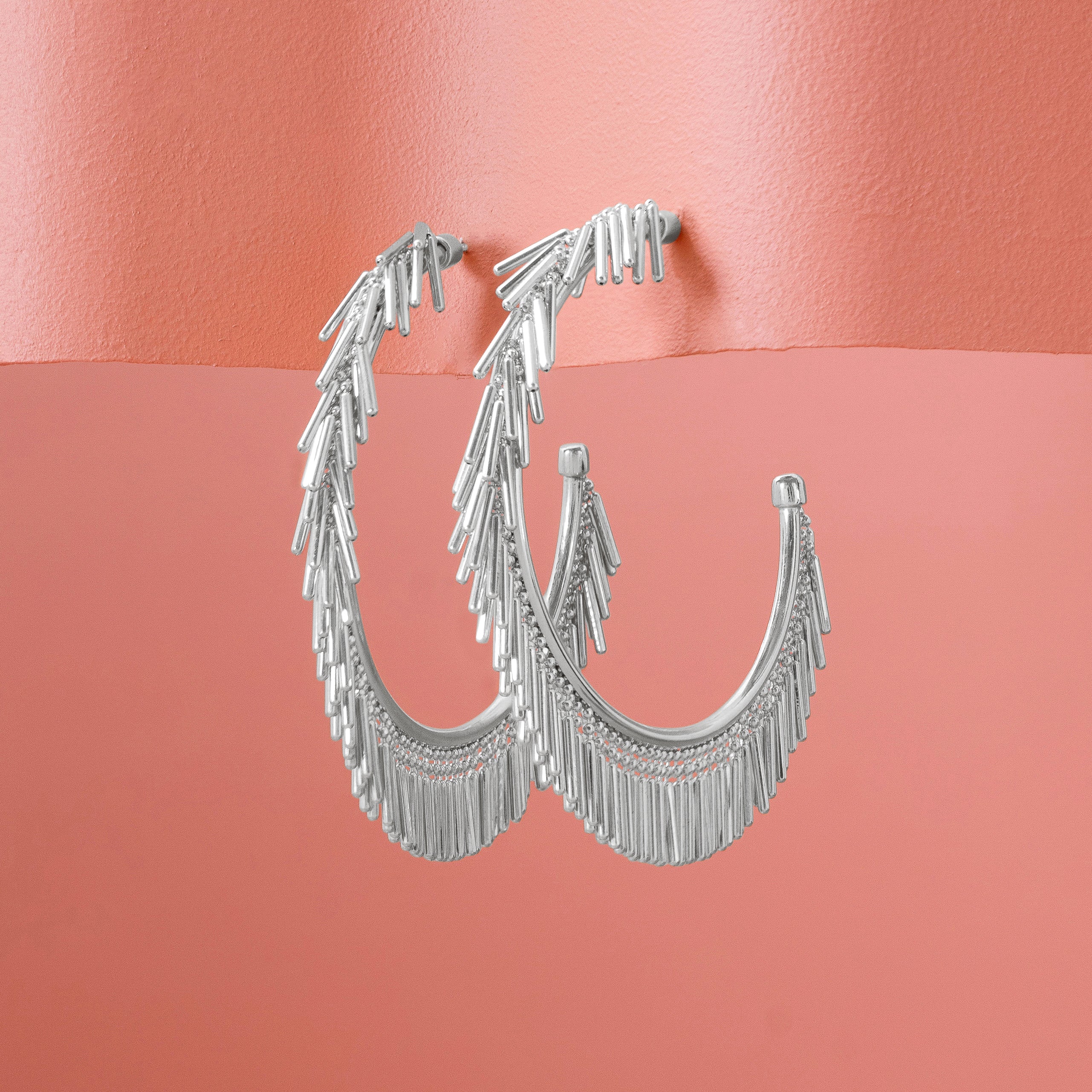 Large Silver Tassel Fringe Hoop Earrings