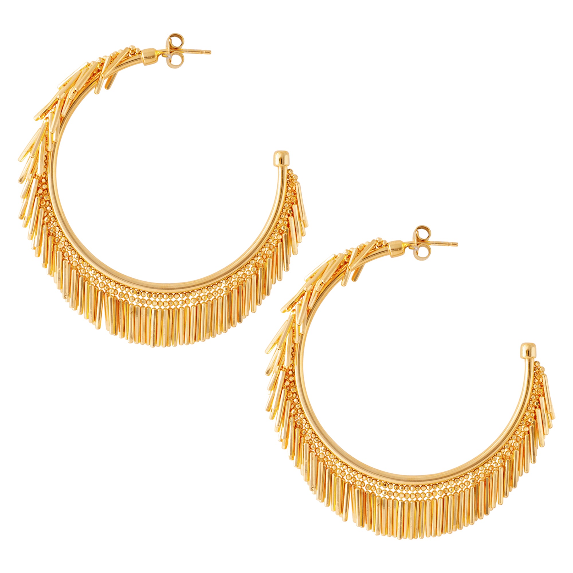 Large gold tassel fringe hoop earrings