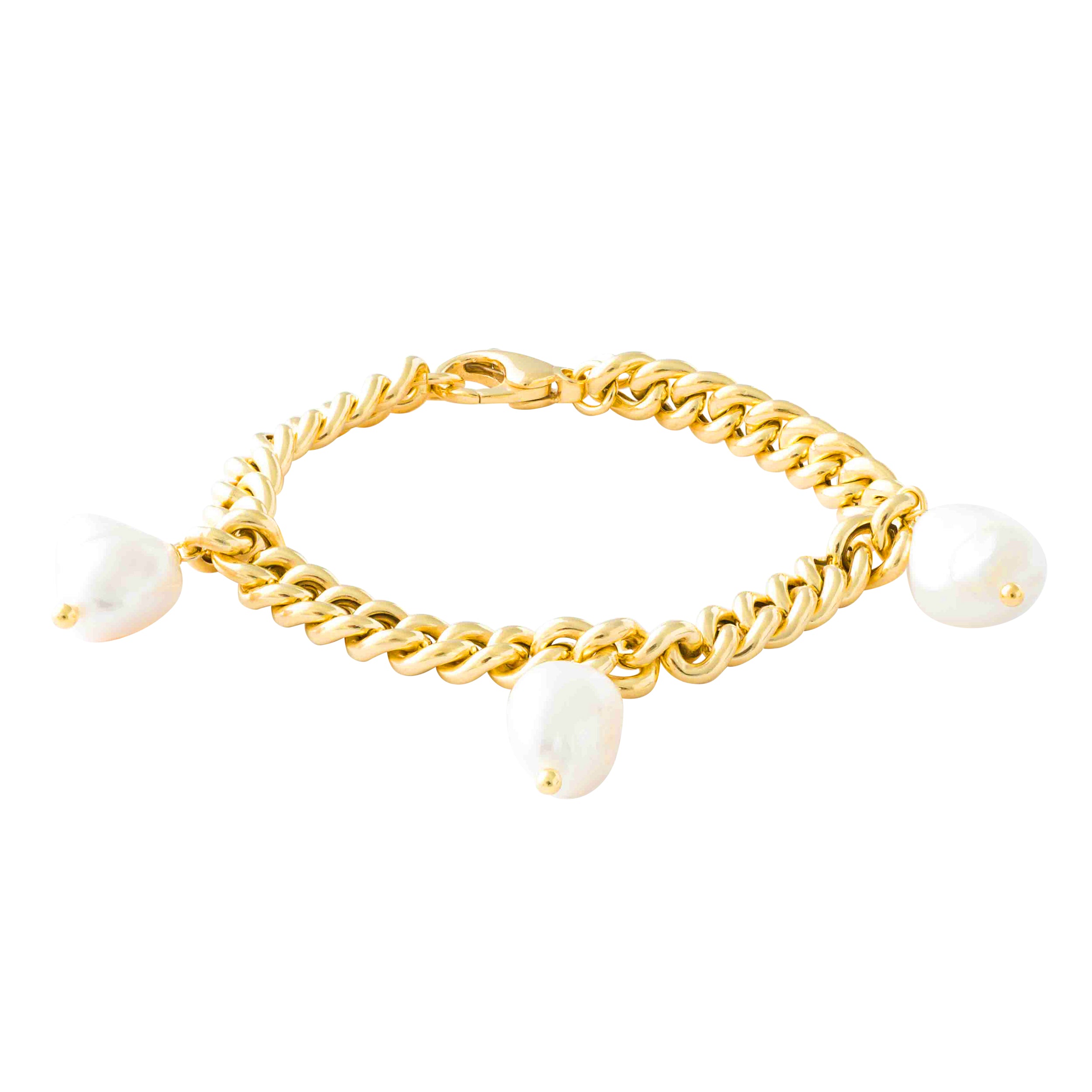 CHUNKY GOLD CURB CHAIN BRACELET WITH PEARL CHARMS