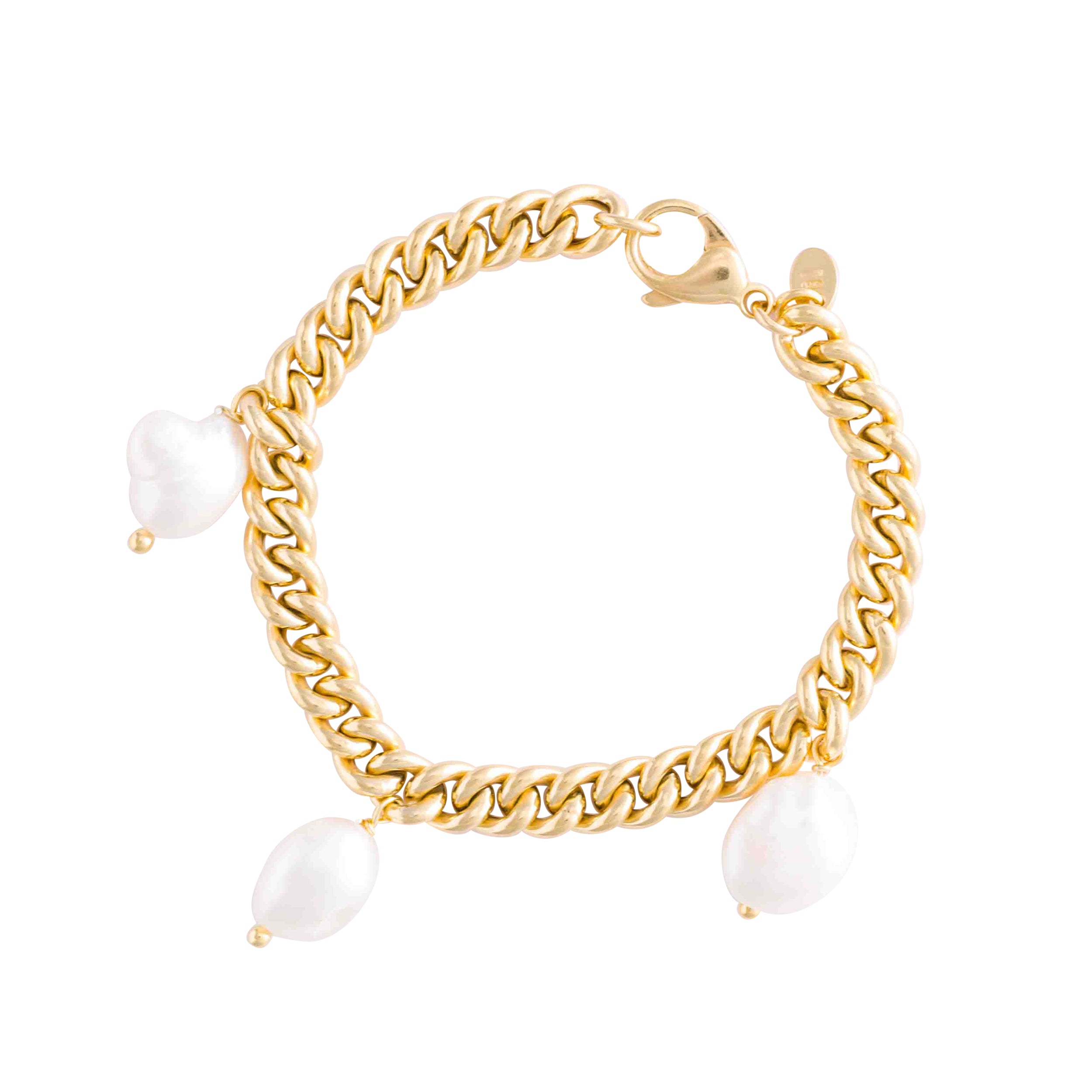 CHUNKY GOLD CURB CHAIN BRACELET WITH PEARL CHARMS