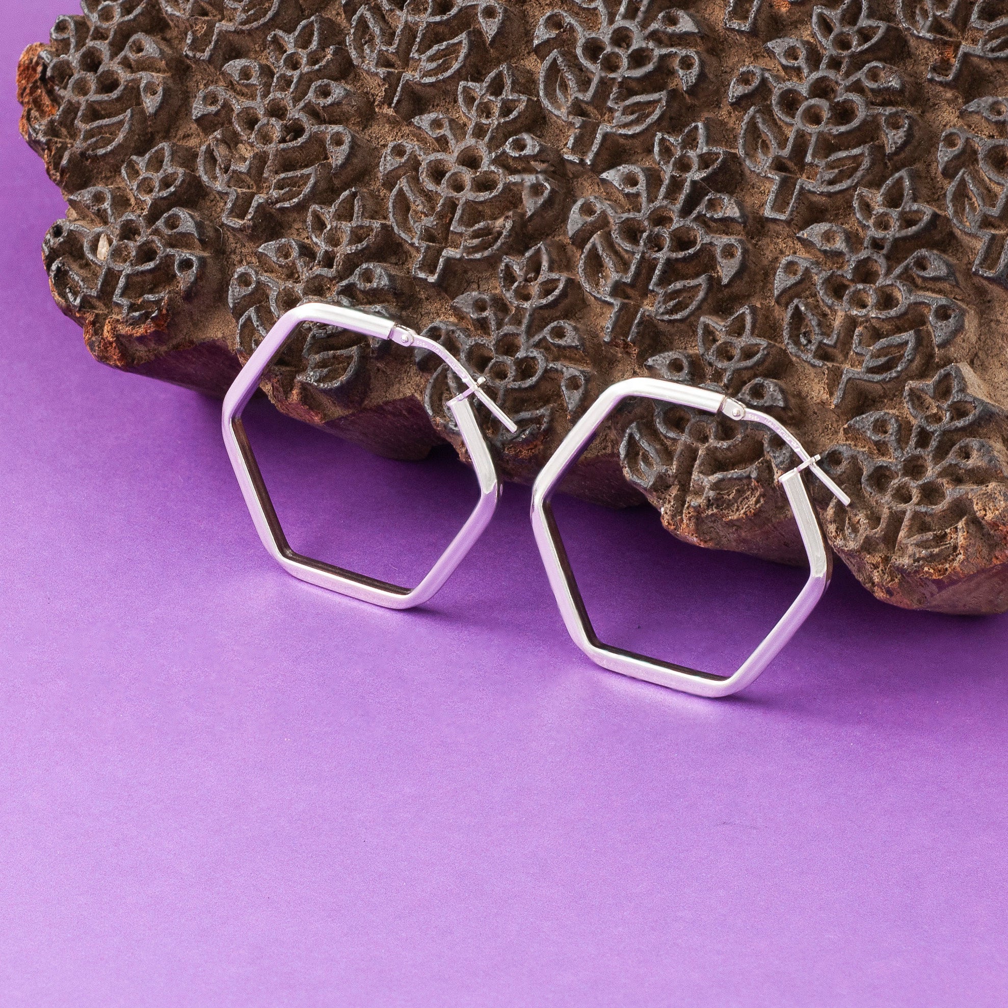 SILVER HEXAGON HOOP EARRINGS