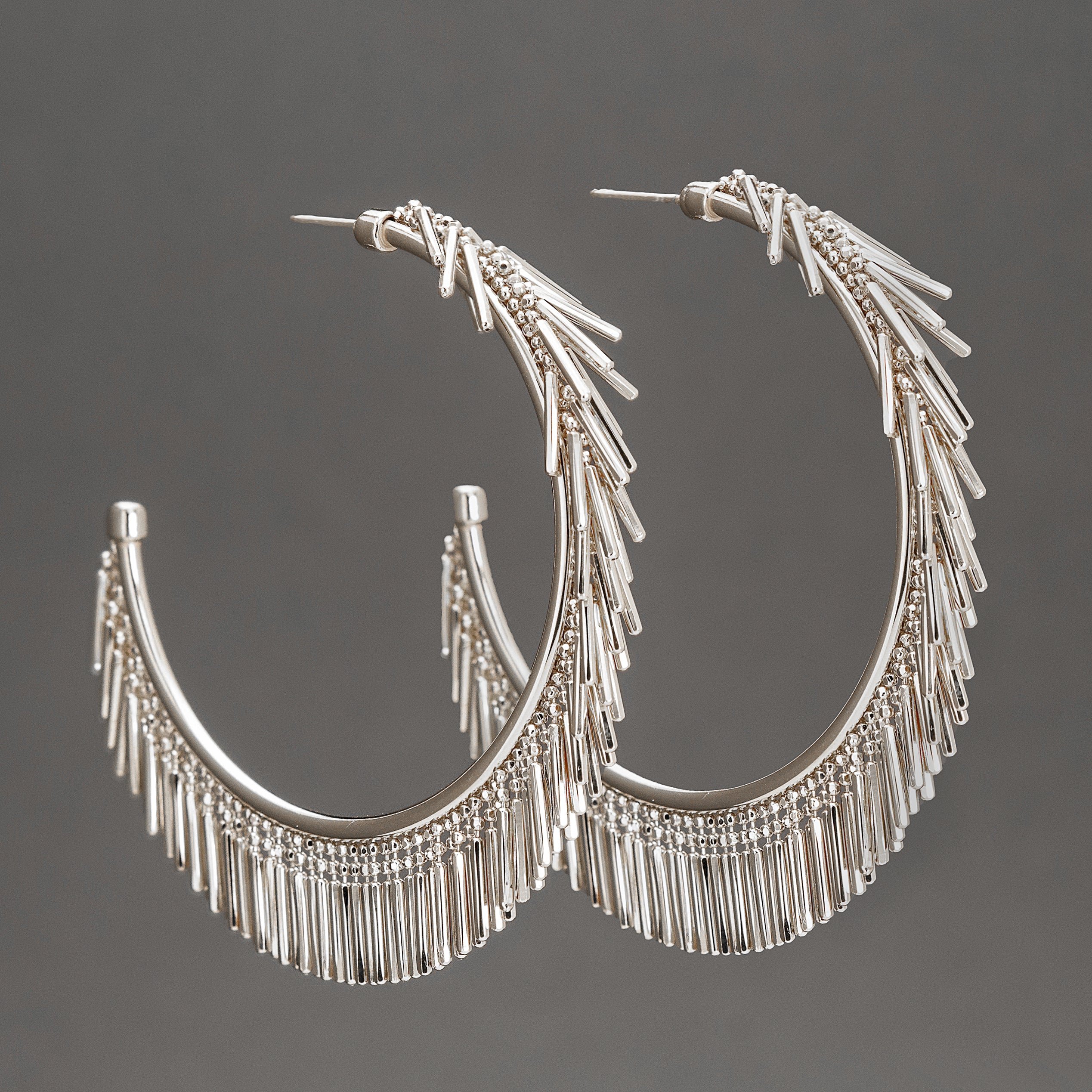 LARGE SILVER TASSEL HOOP EARRINGS