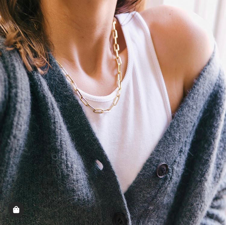 Gold Paper Clip Long Link Chain Necklace on A Mothers Edit