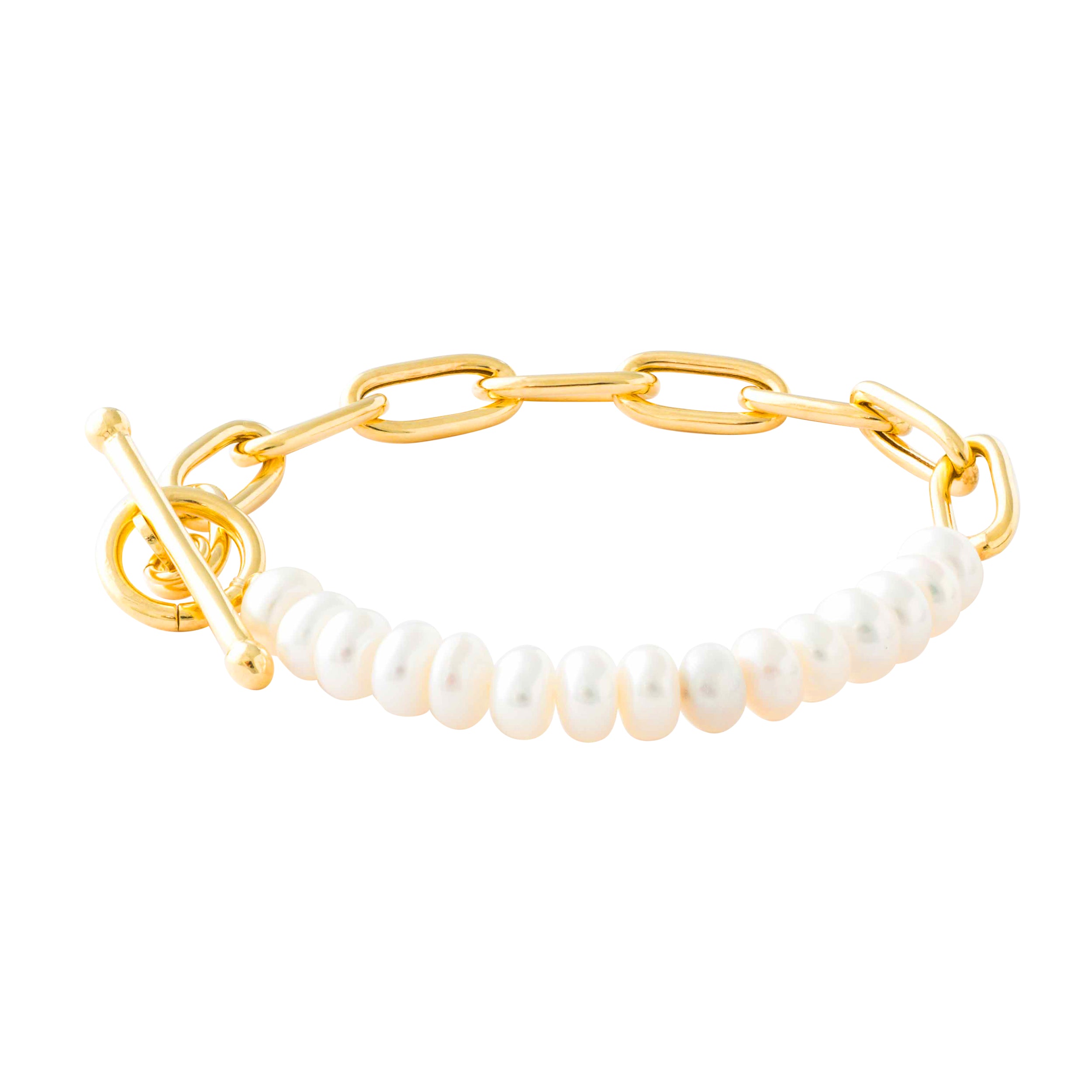 PEARL AND GOLD LONG LINK CHAIN BRACELET