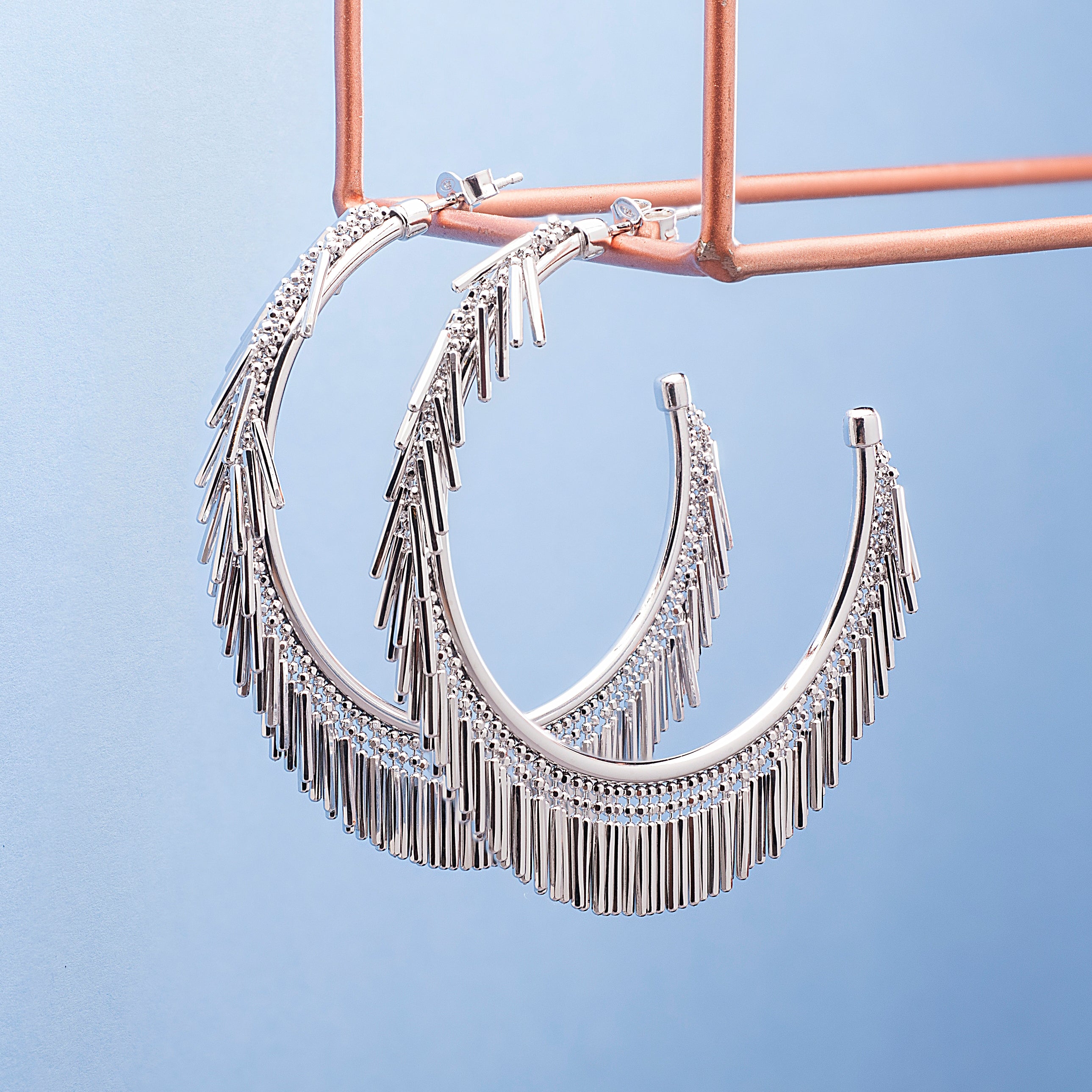 Loel Large Silver Tassel Fringe Hoop Earrings