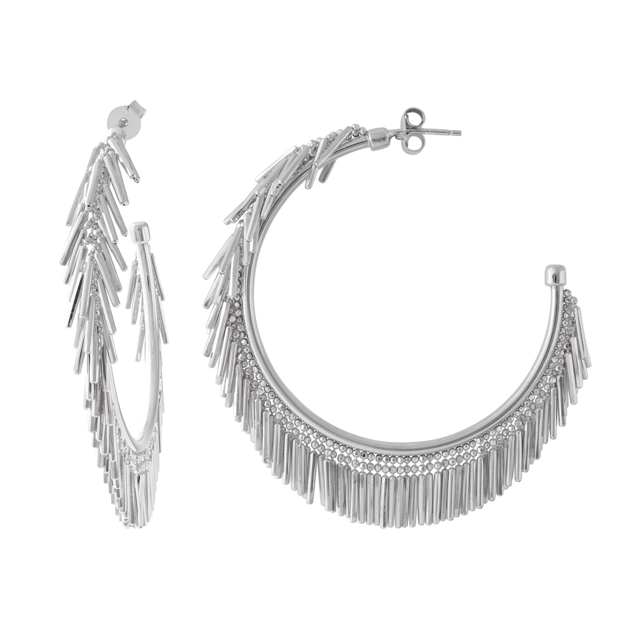 Loel Large Silver Fringe Tassel Hoop Earrings