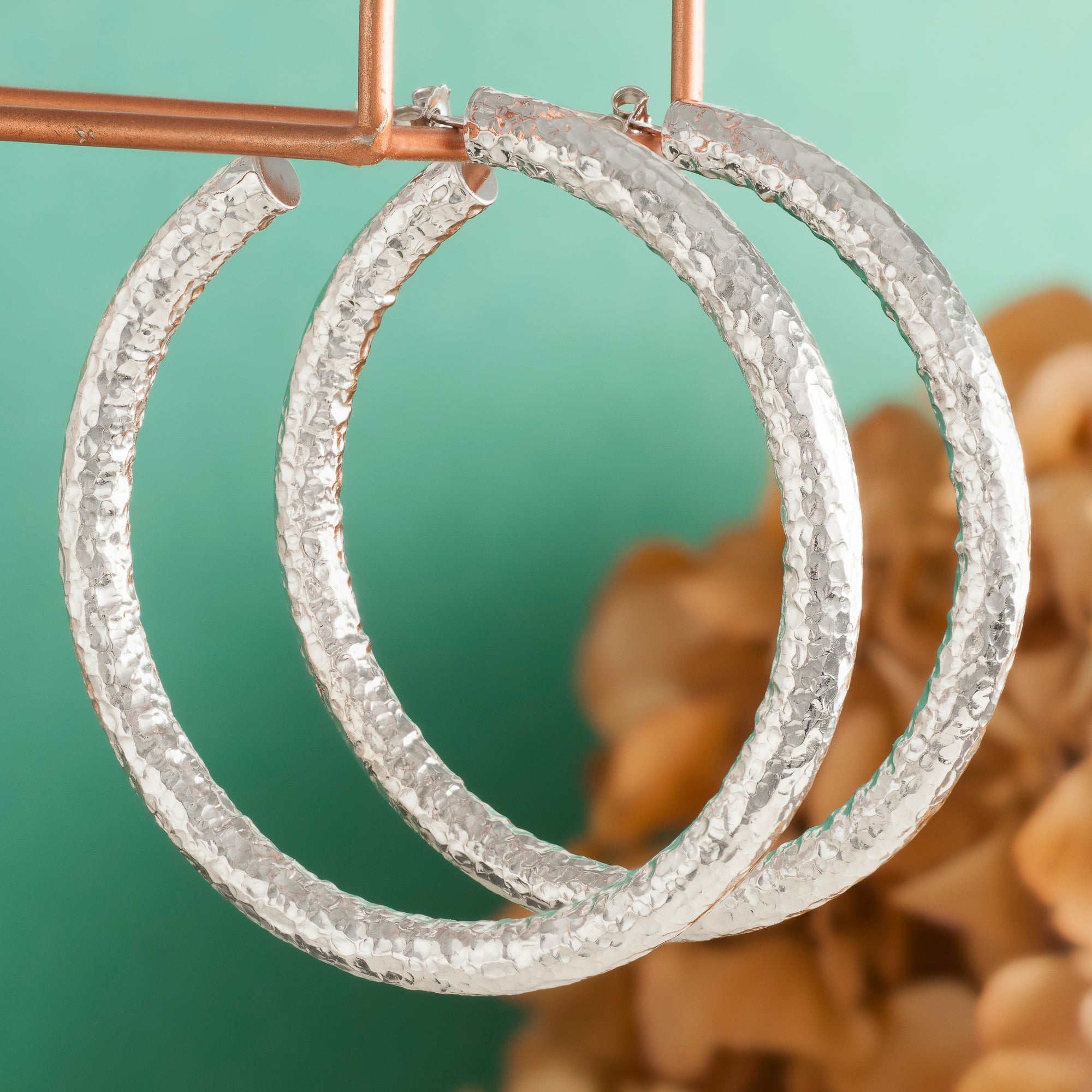 LARGE HAMMERED SILVER HOOP EARRINGS