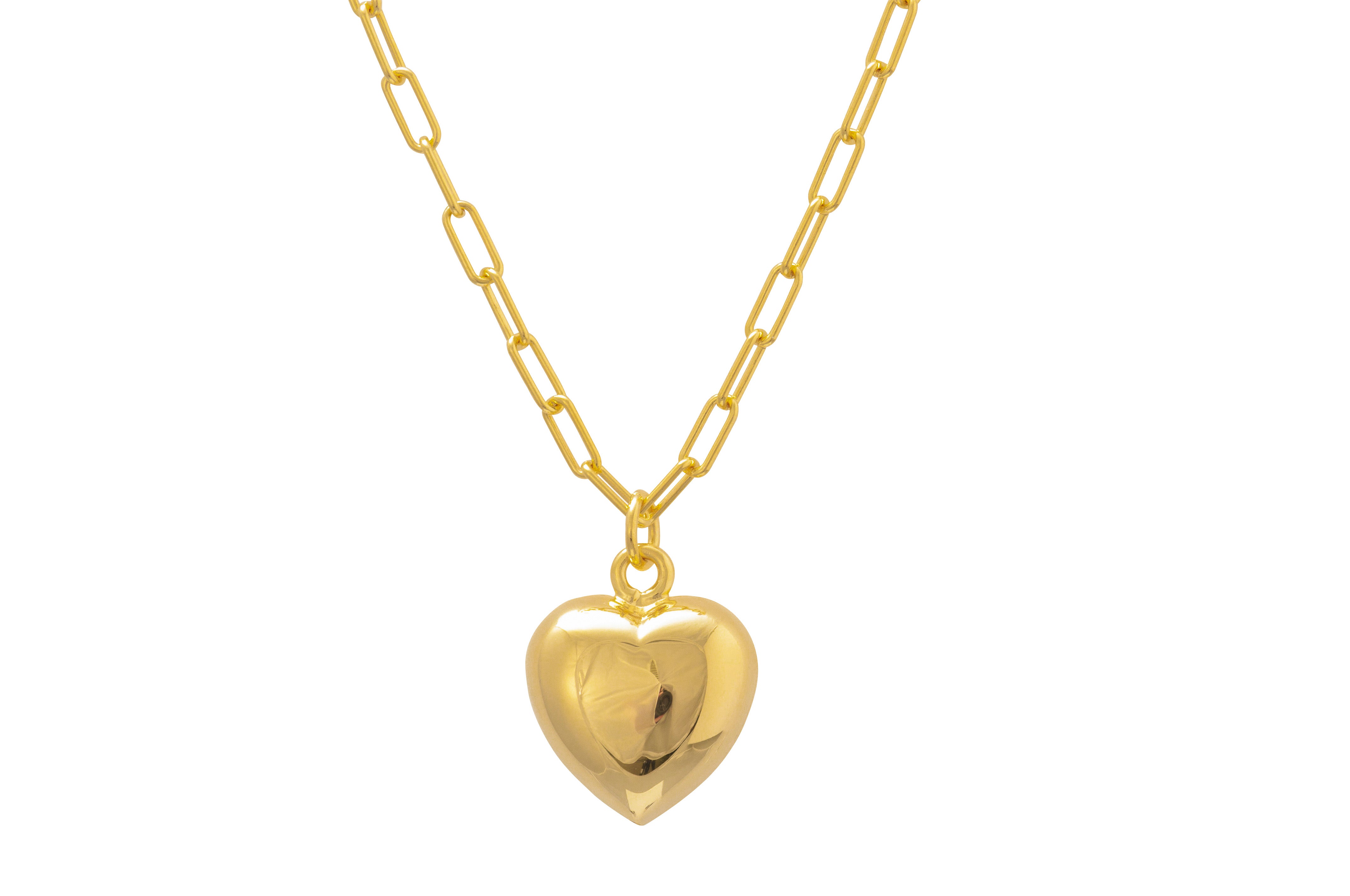 Gold Pillow Heart Charm Pendant on Gold Paperclip chain necklace