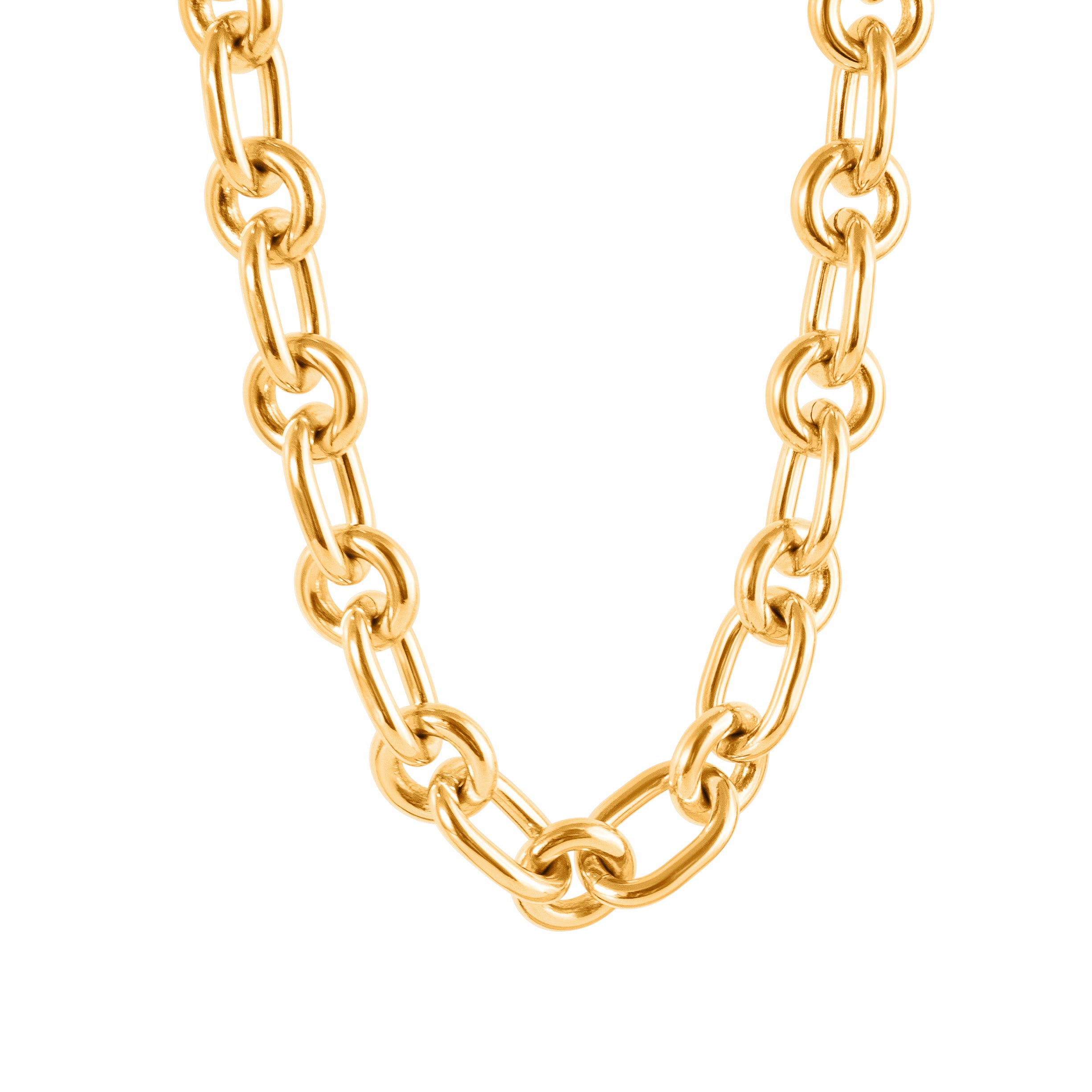 GOLD CHUNKY MIXED CHAIN T-BAR NECKLACE ON WHITE