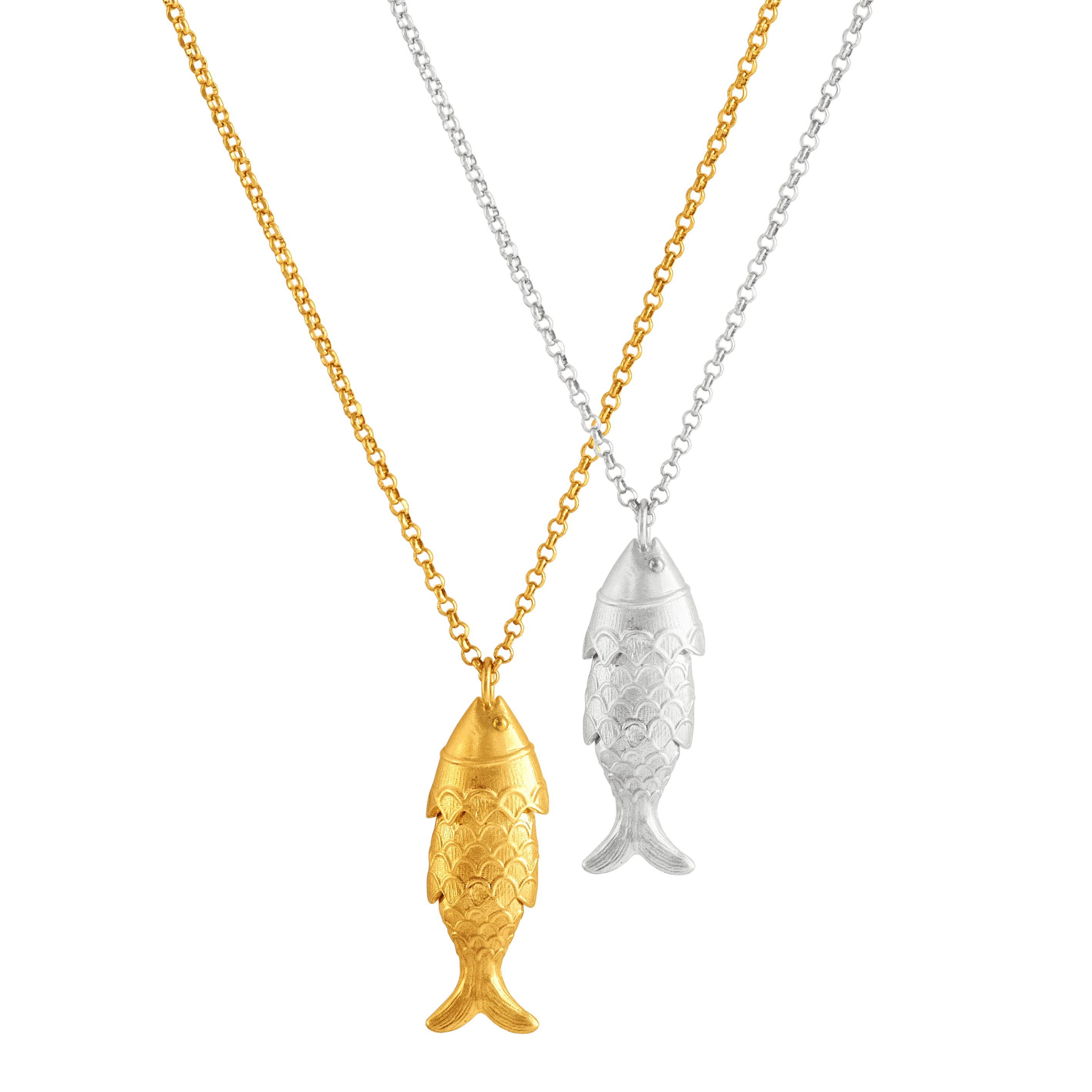 Loel - gold and silver fish articulated fish pendants on white