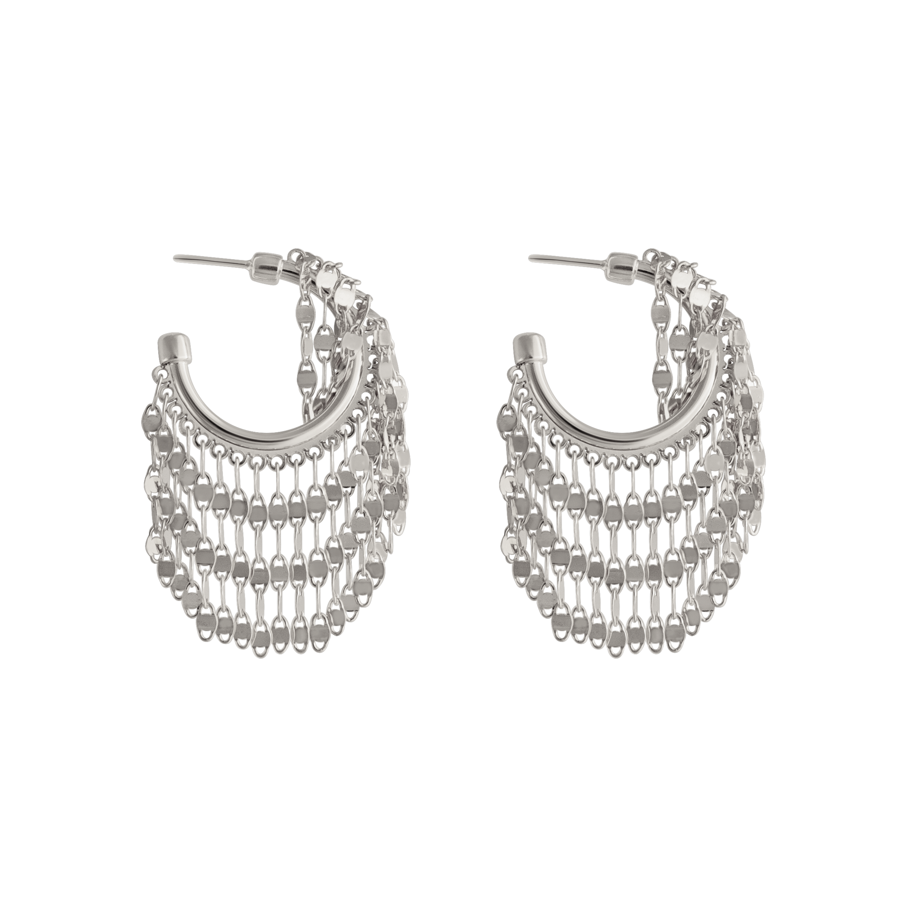 LOEL | Silver disco hoop earrings with chain fringe on a white background