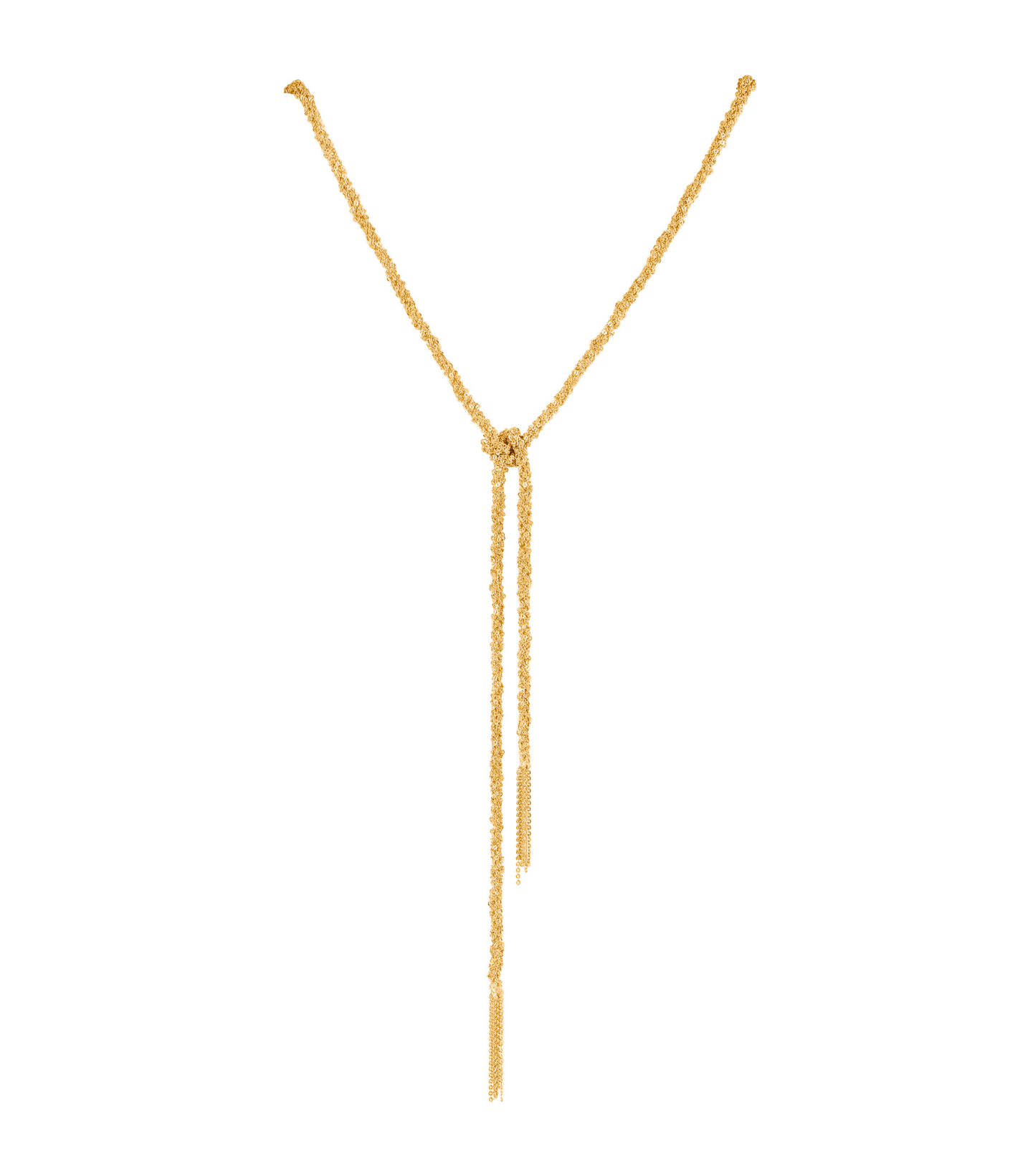 Gold Thread lariat tassel necklace on white