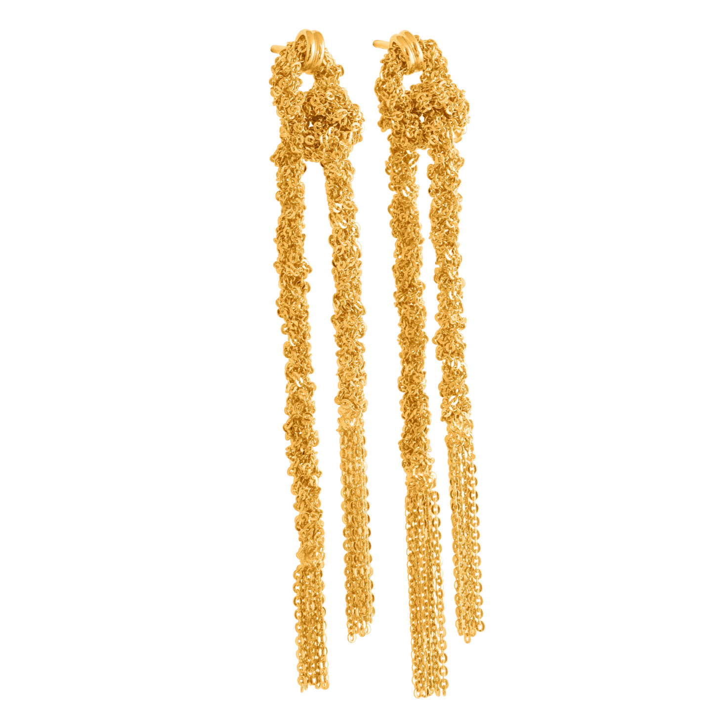 Gold thread tassel knot drop earrings on white
