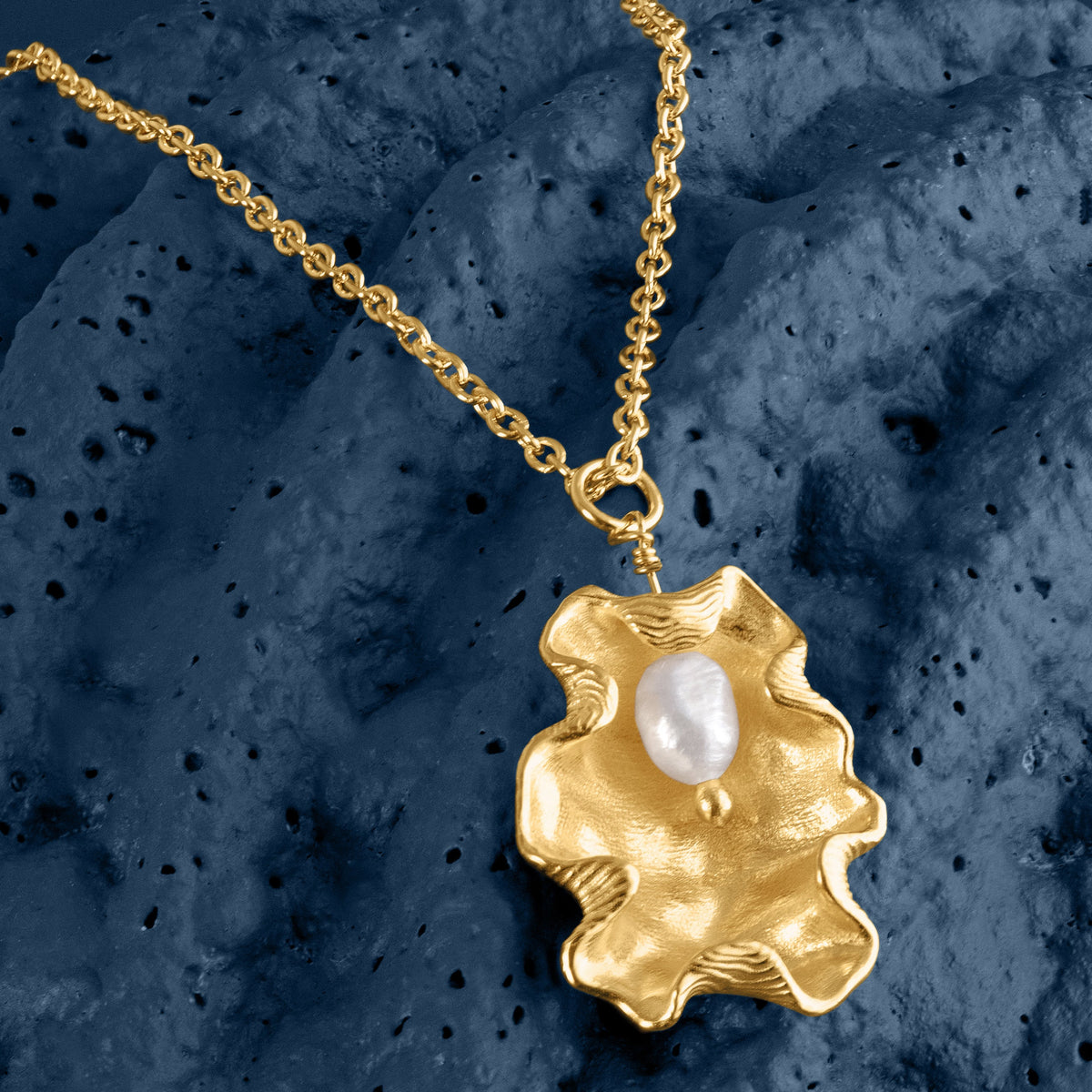 LOEL x Minnie Mae Gold Oyster Shell and Pearl pendant v3 flat lay