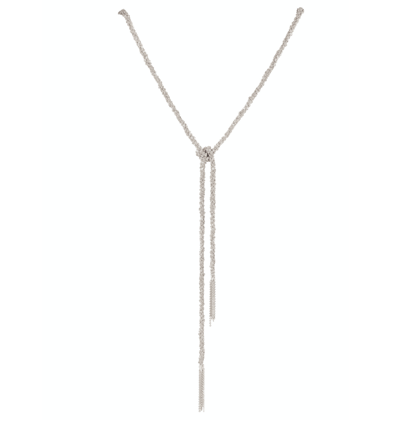silver thread tassel lariat necklace on white