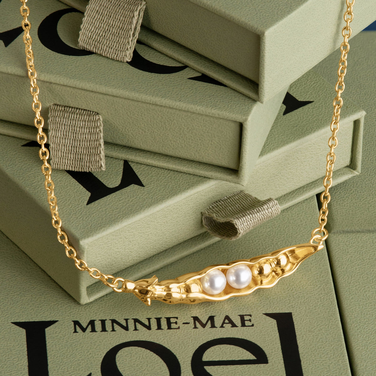 Loel x Minnie Mae Gold Peas in a Pod Pendant stacked on boxes