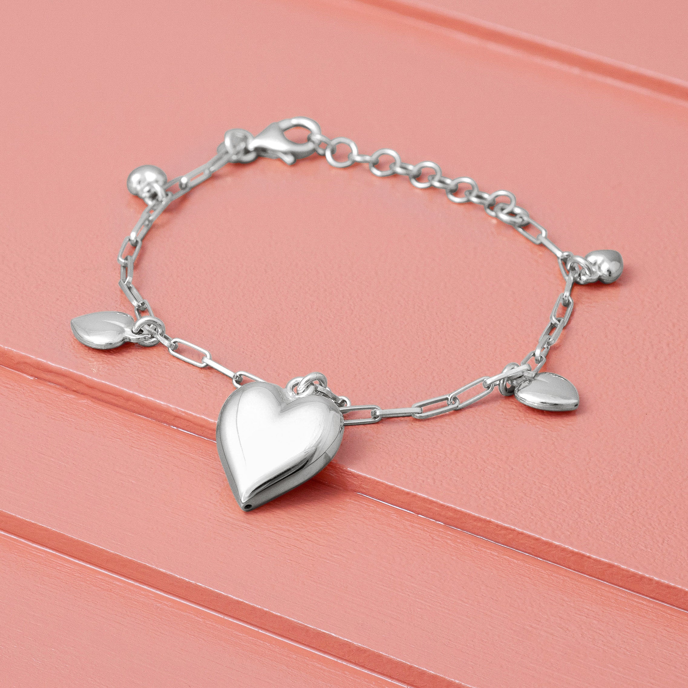 Silver Puff Heart Charm Bracelet