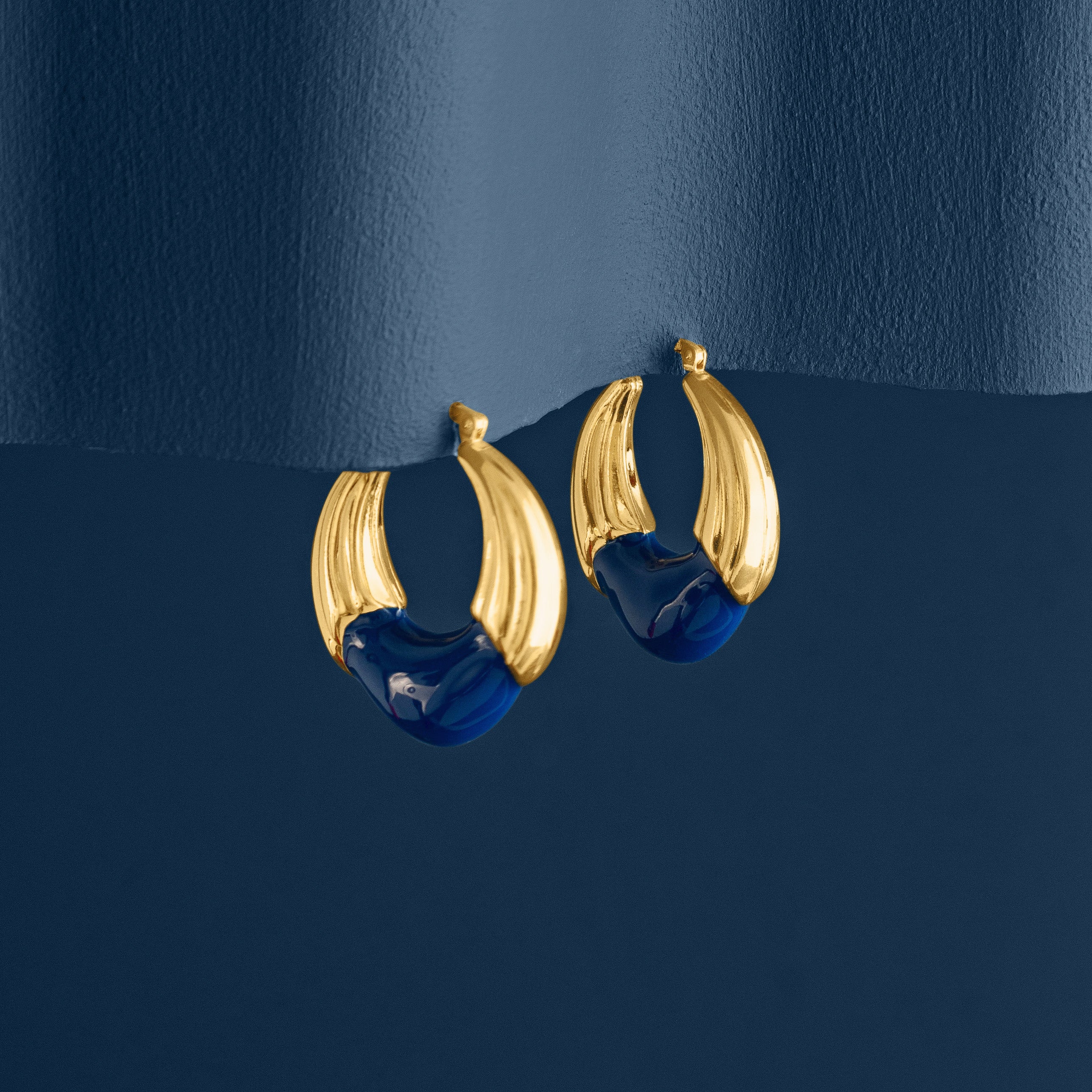 GOLD ETCHED HOOPS WITH BLUE ENAMEL