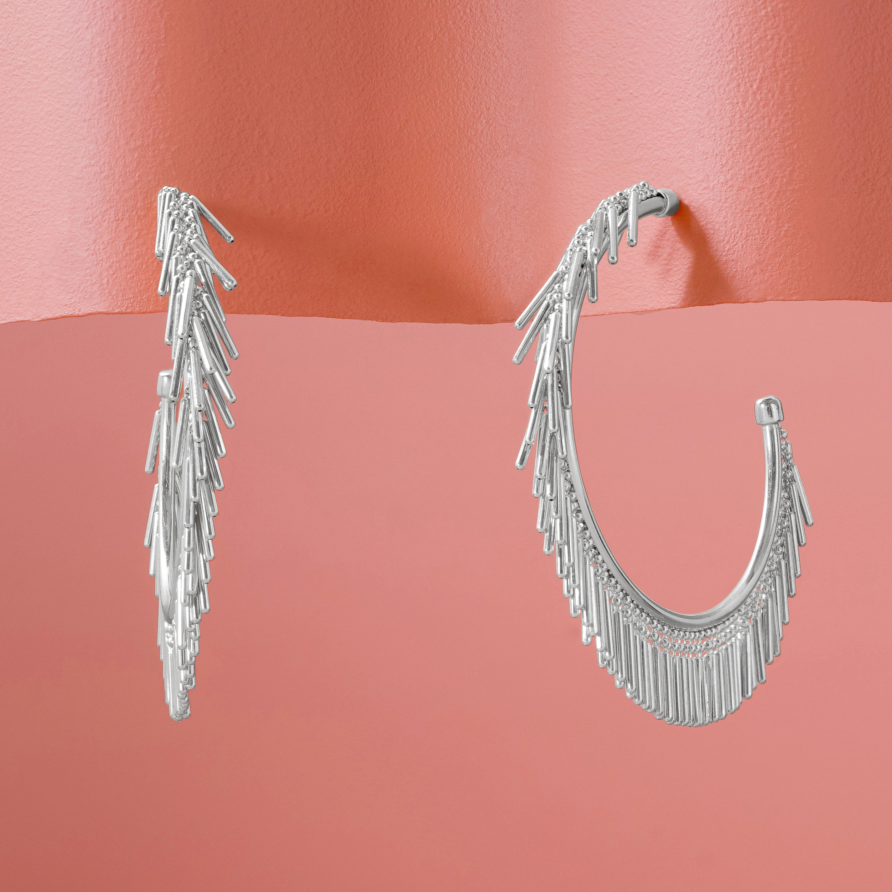 LARGE SILVER TASSEL HOOP EARRINGS