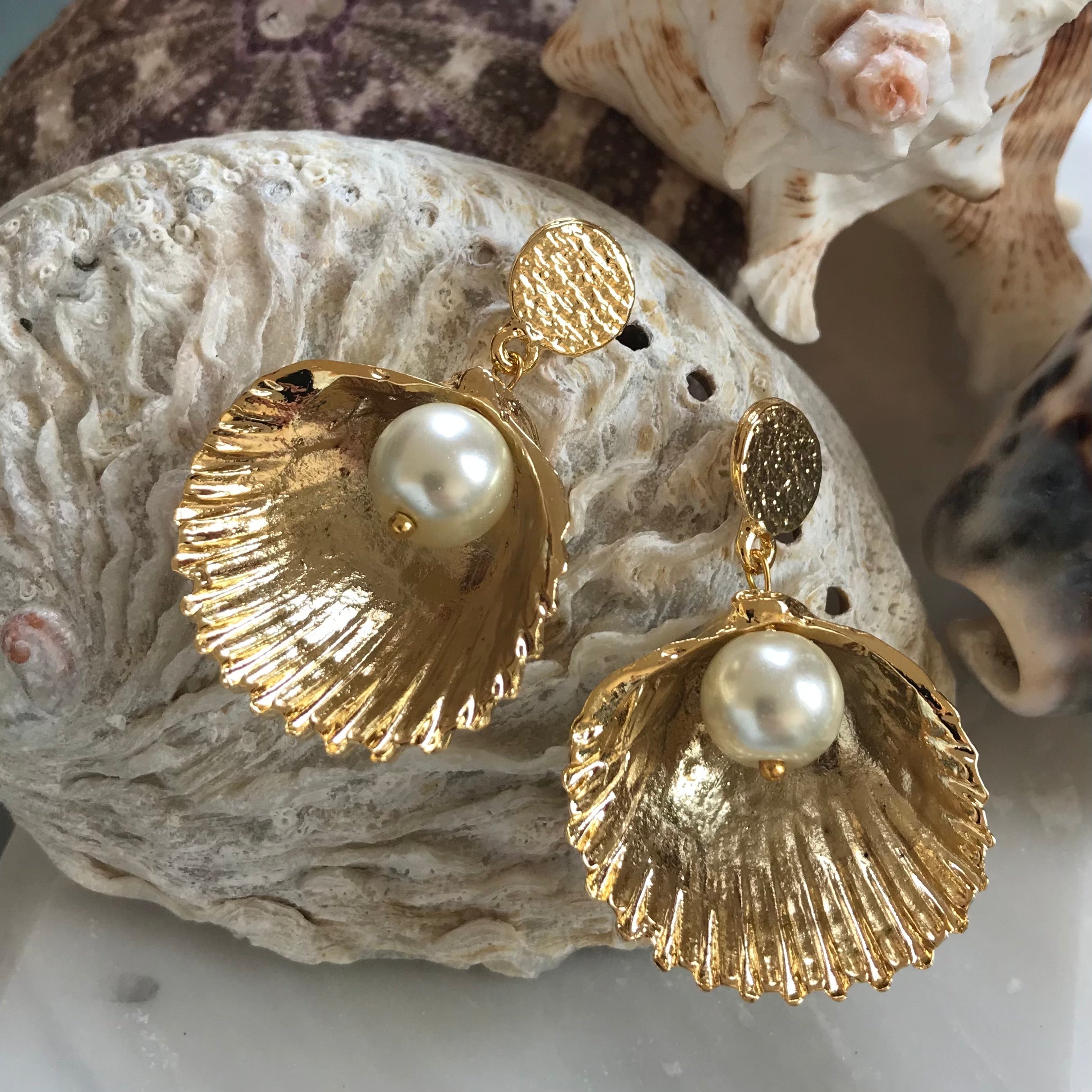 GOLD SHELL AND PEARL EARRINGS