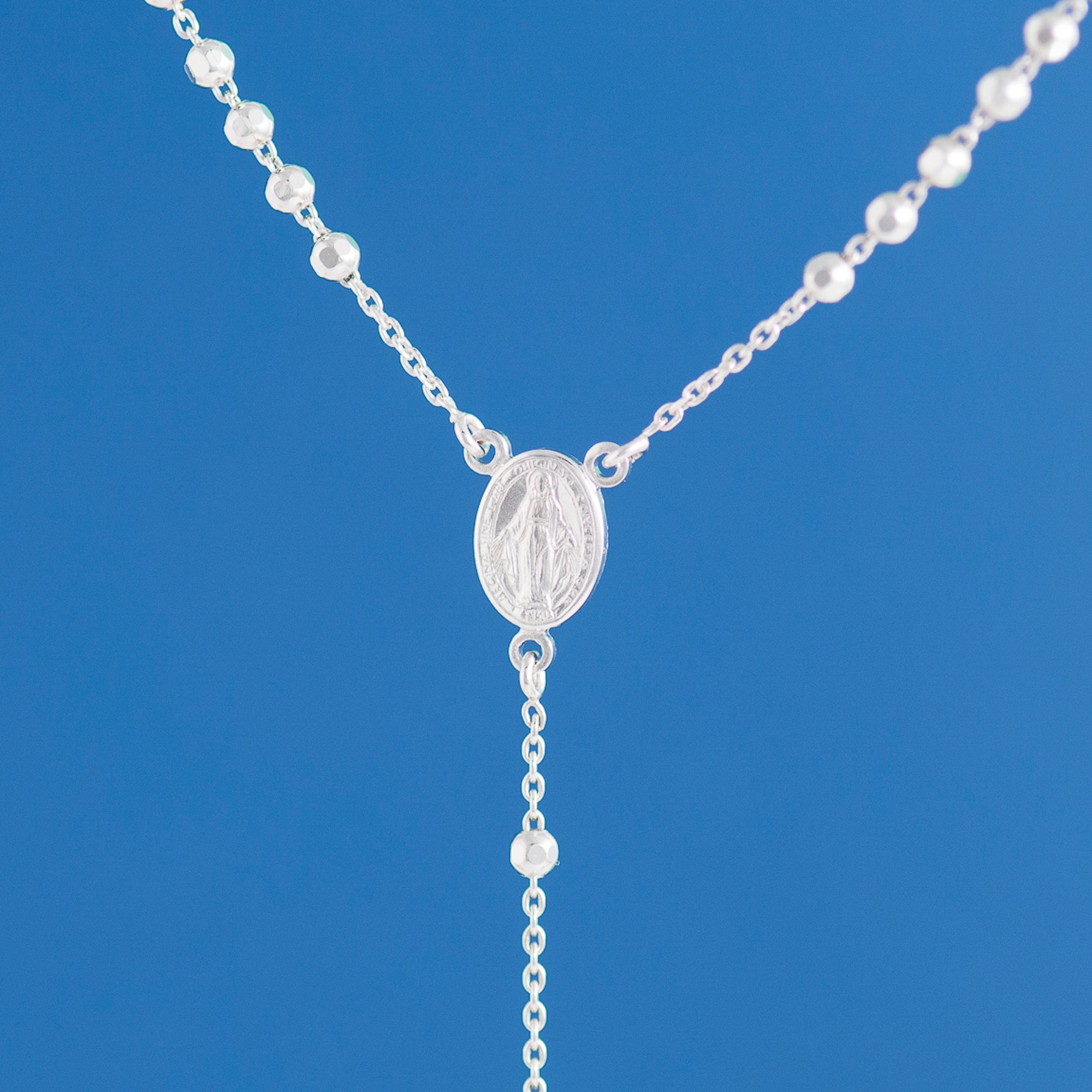 SILVER ROSARY LARIAT NECKLACE