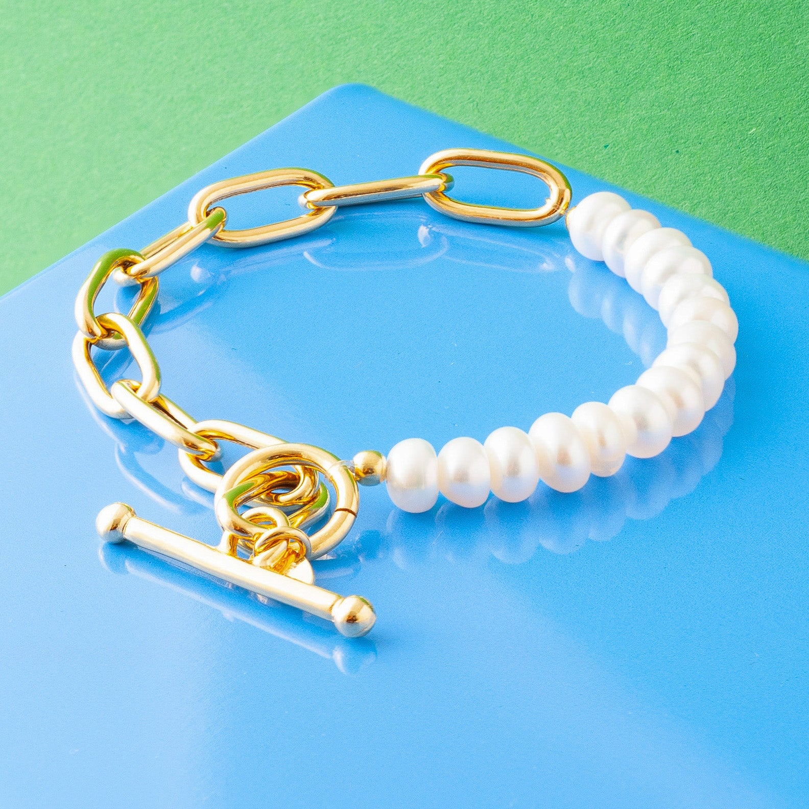 PEARL AND GOLD LONG LINK CHAIN BRACELET